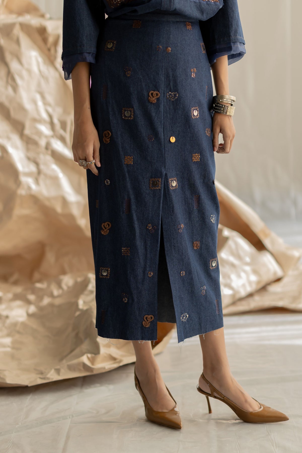 Fitted Embroidered Denim Skirt