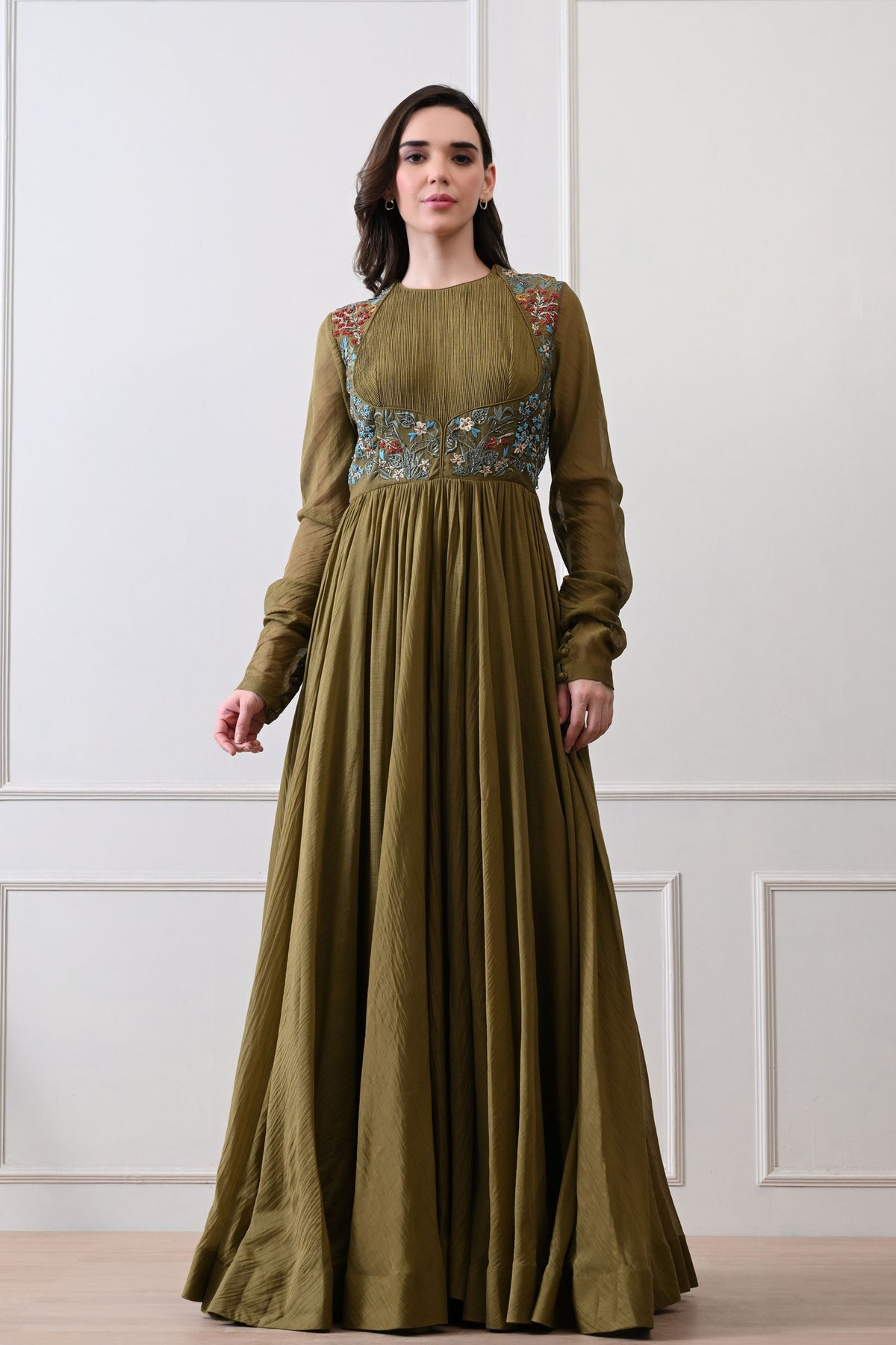 Olive Pintuck Bodice Embroidered Anarkali