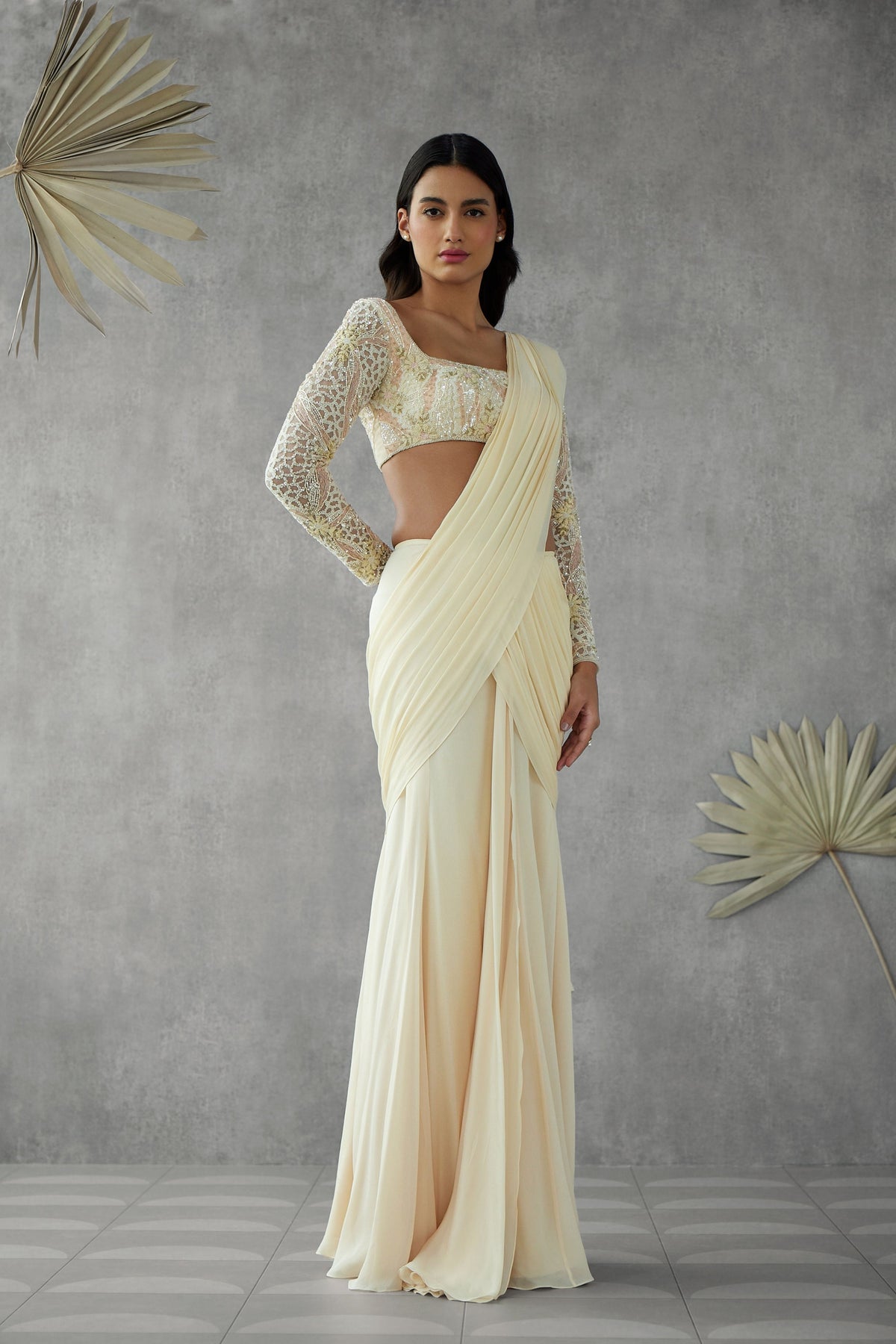 Cream Drape Sare With Blouse