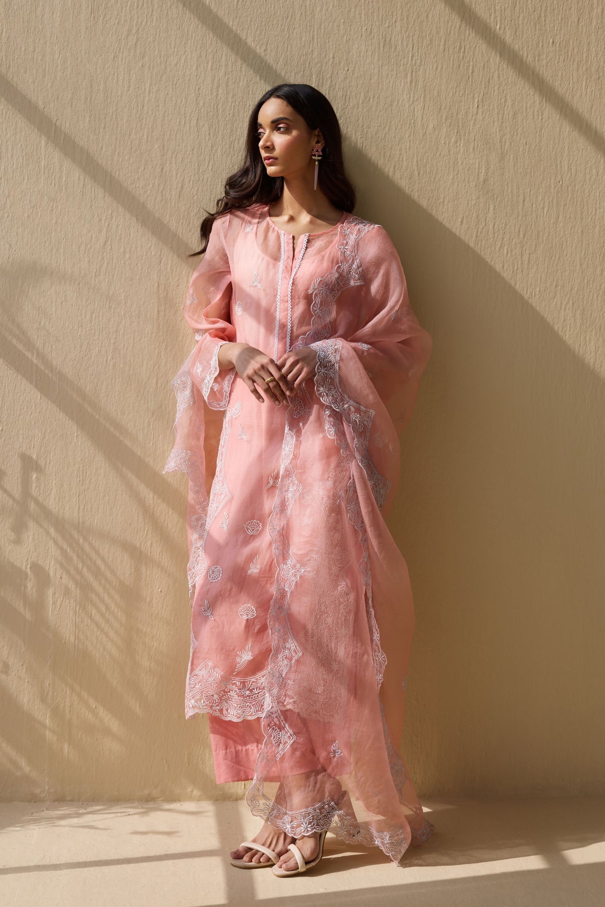 Summer pink Embroidered Organza Suit