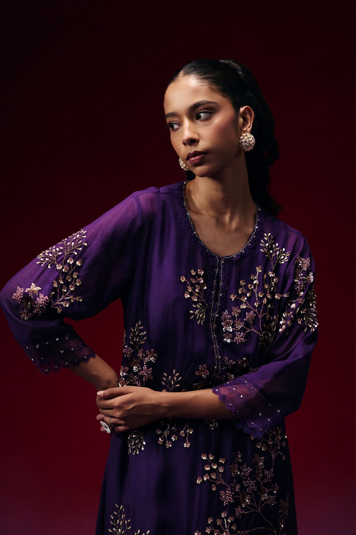 Violet  Elegant Hand Embroidery Kurta Set