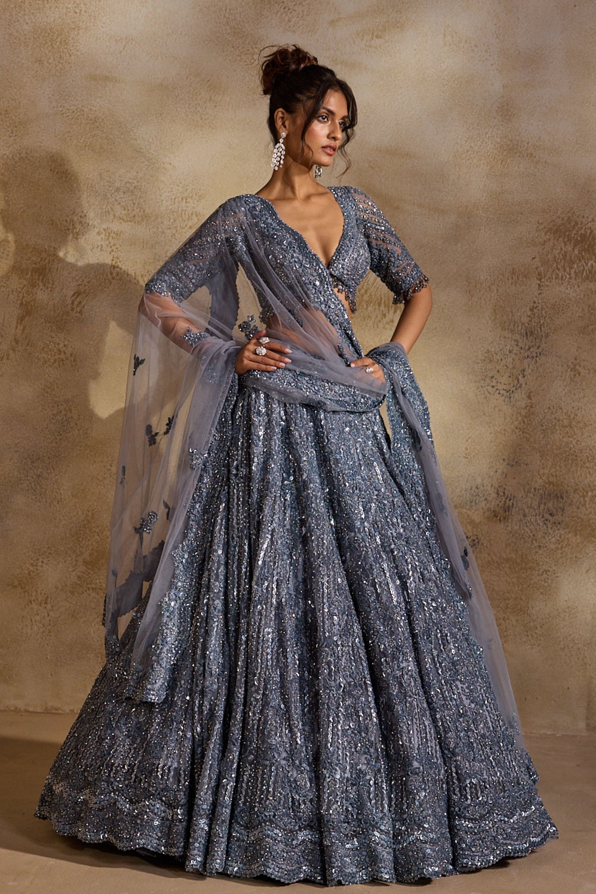 Stone Grey Net Lehenga Set