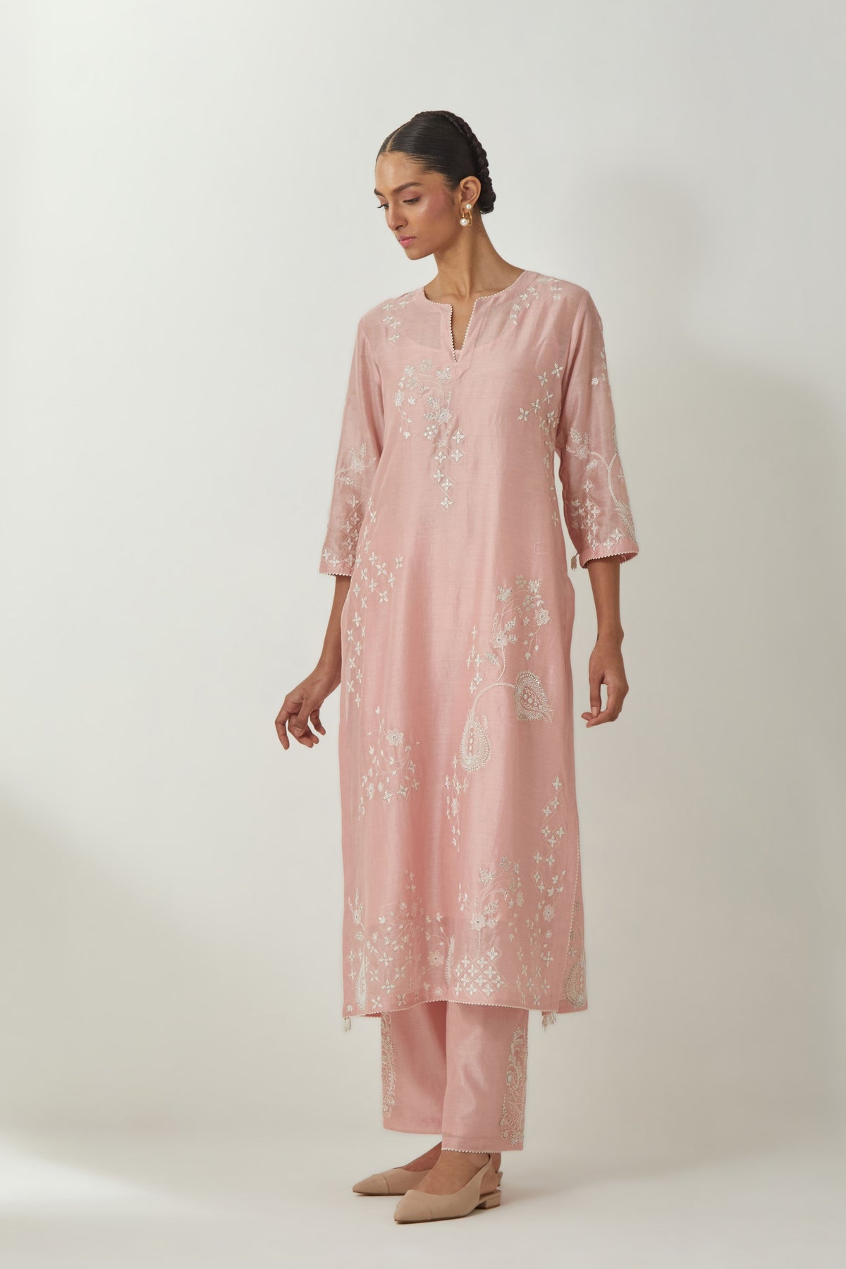 Pink Thread Embroidered Kurta Set