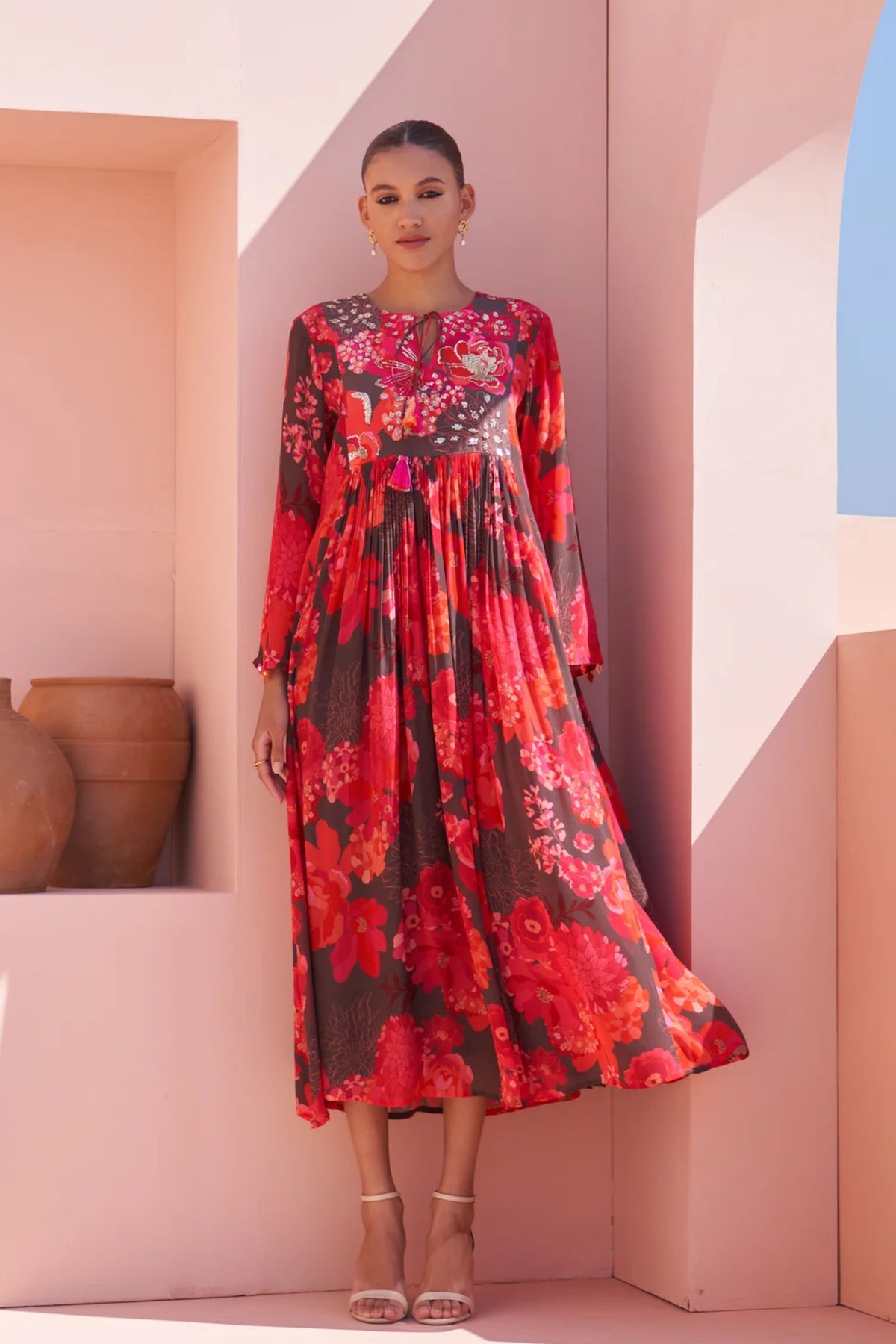 Brown Moroccan chain Stitch Maxi Dress
