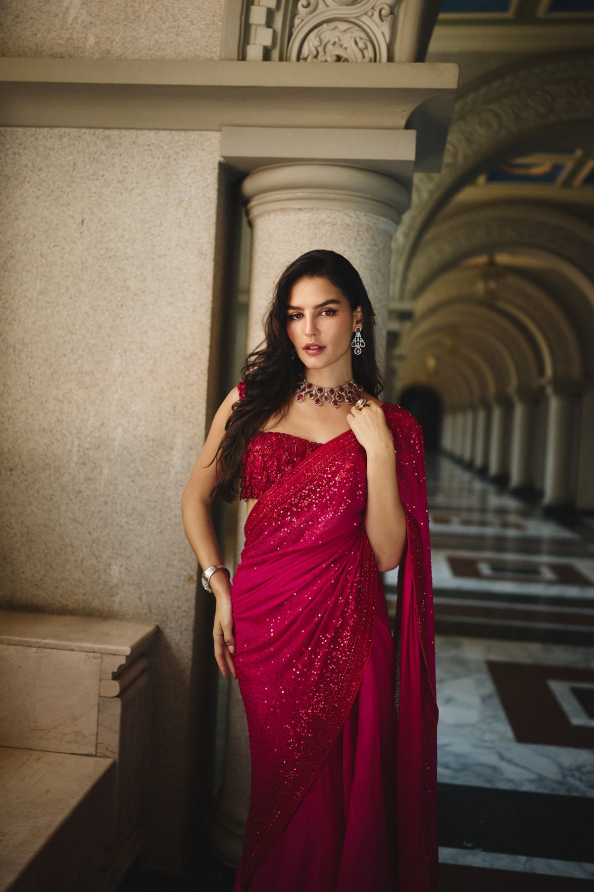 Red On Red Draped Saree Set