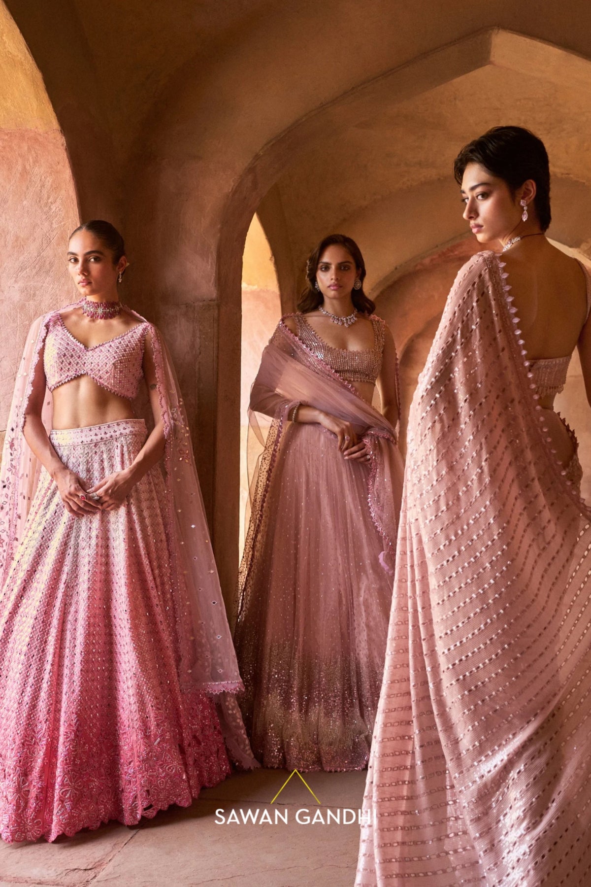 Pink Ombré Mirrorwork Lehenga Set