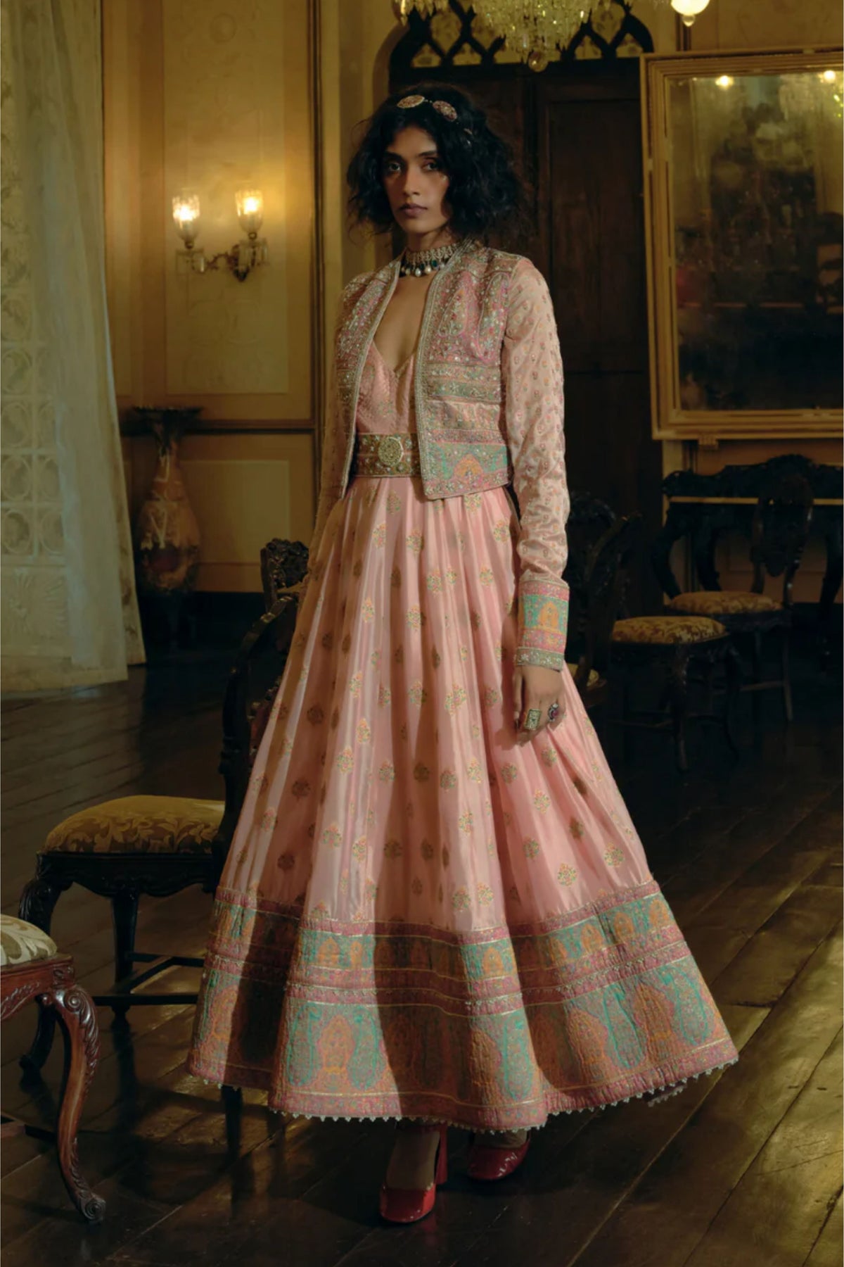 Pink Jacquard Cropped Jacket Set
