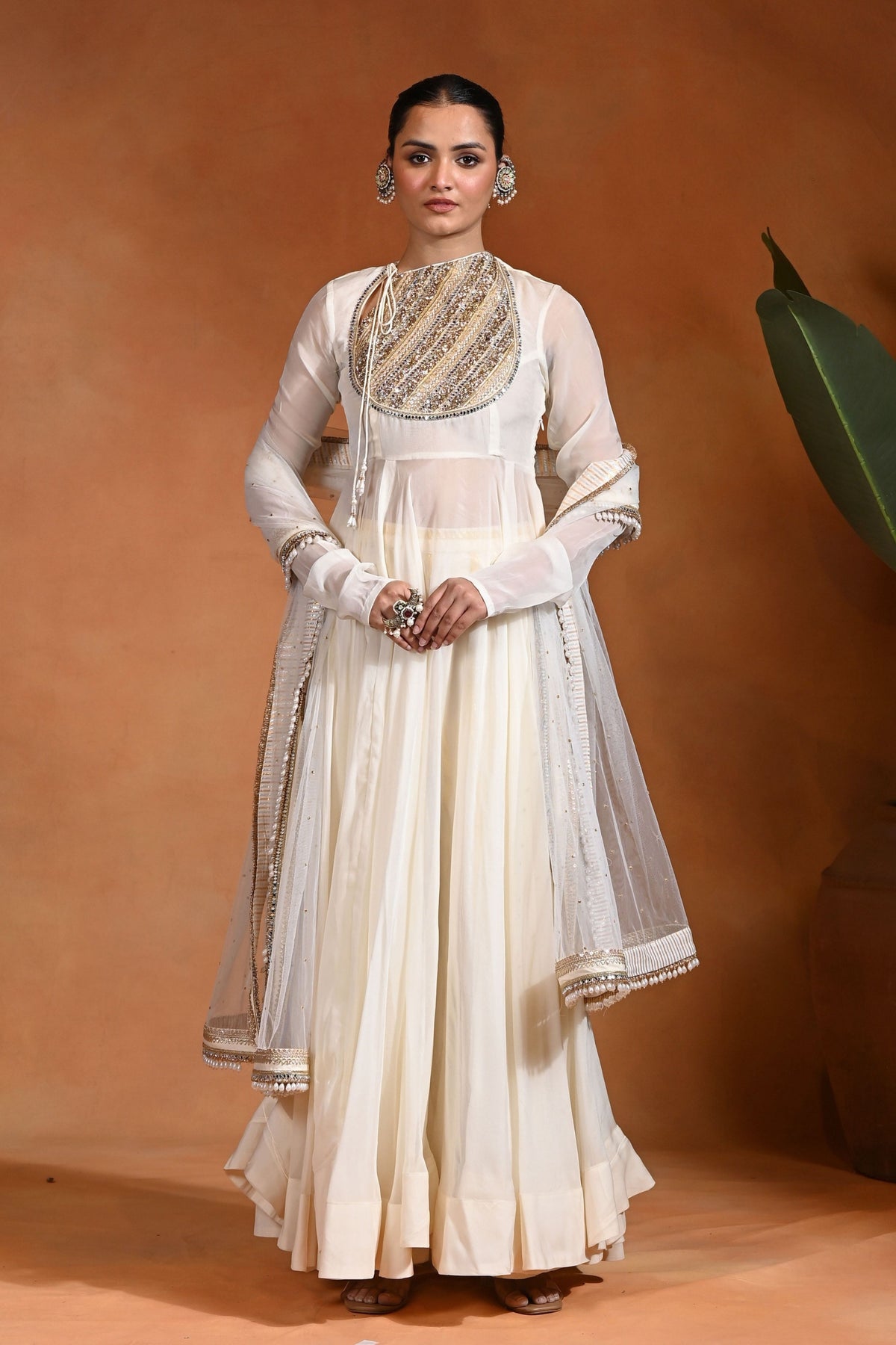 Aabroo Anarkali Ivory Gold Set
