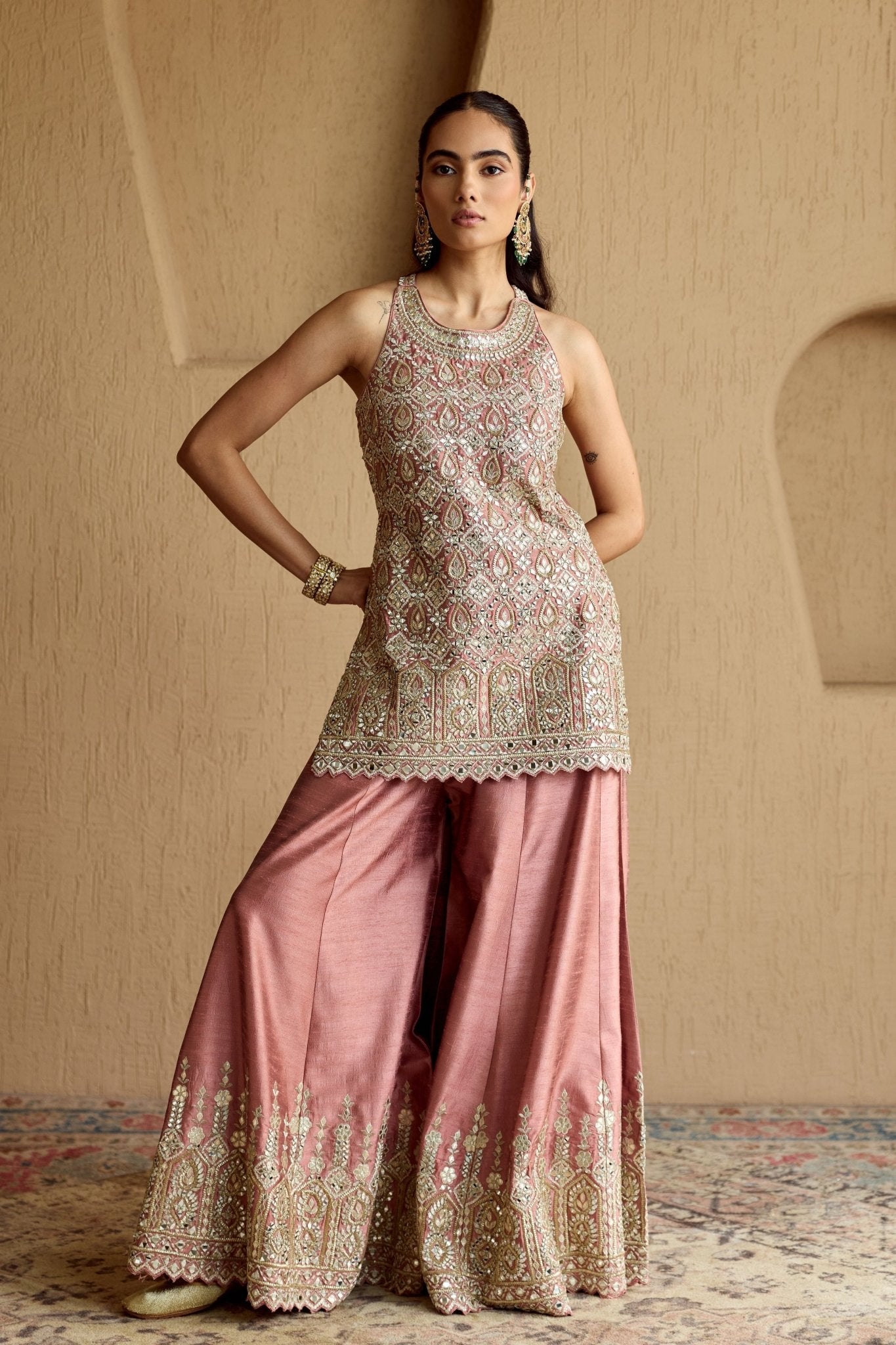 Pink Silk Kurta Sharara Set - Suhino - Elahe