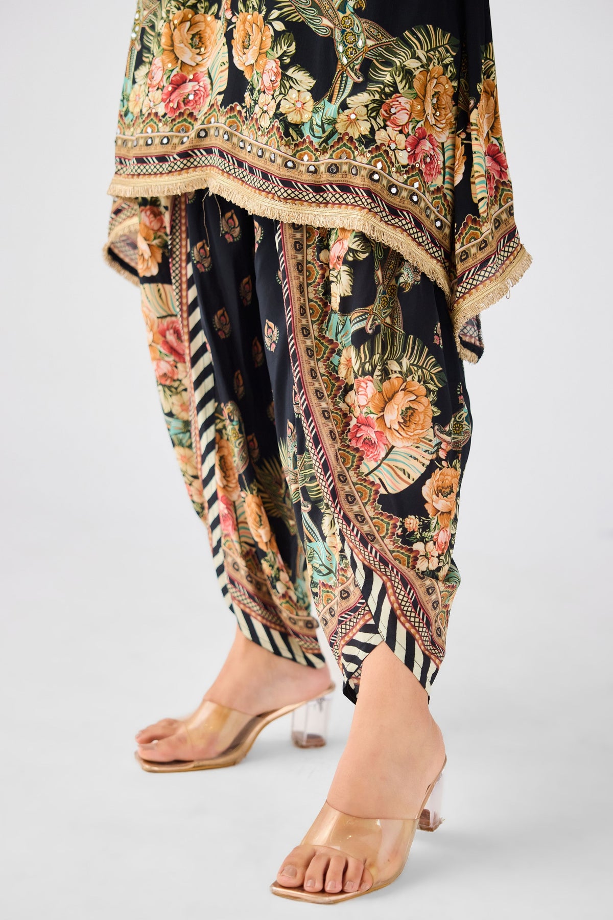 Black Crepe Floral Tunic Set