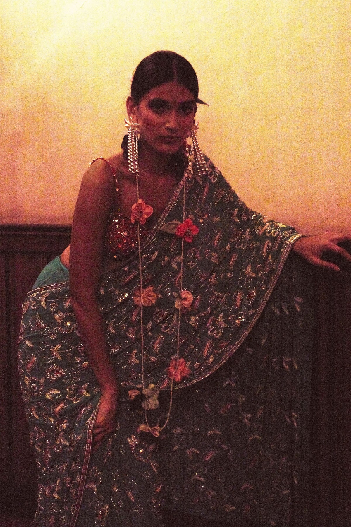 Sadhana Turquoise Red Floral Saree Set