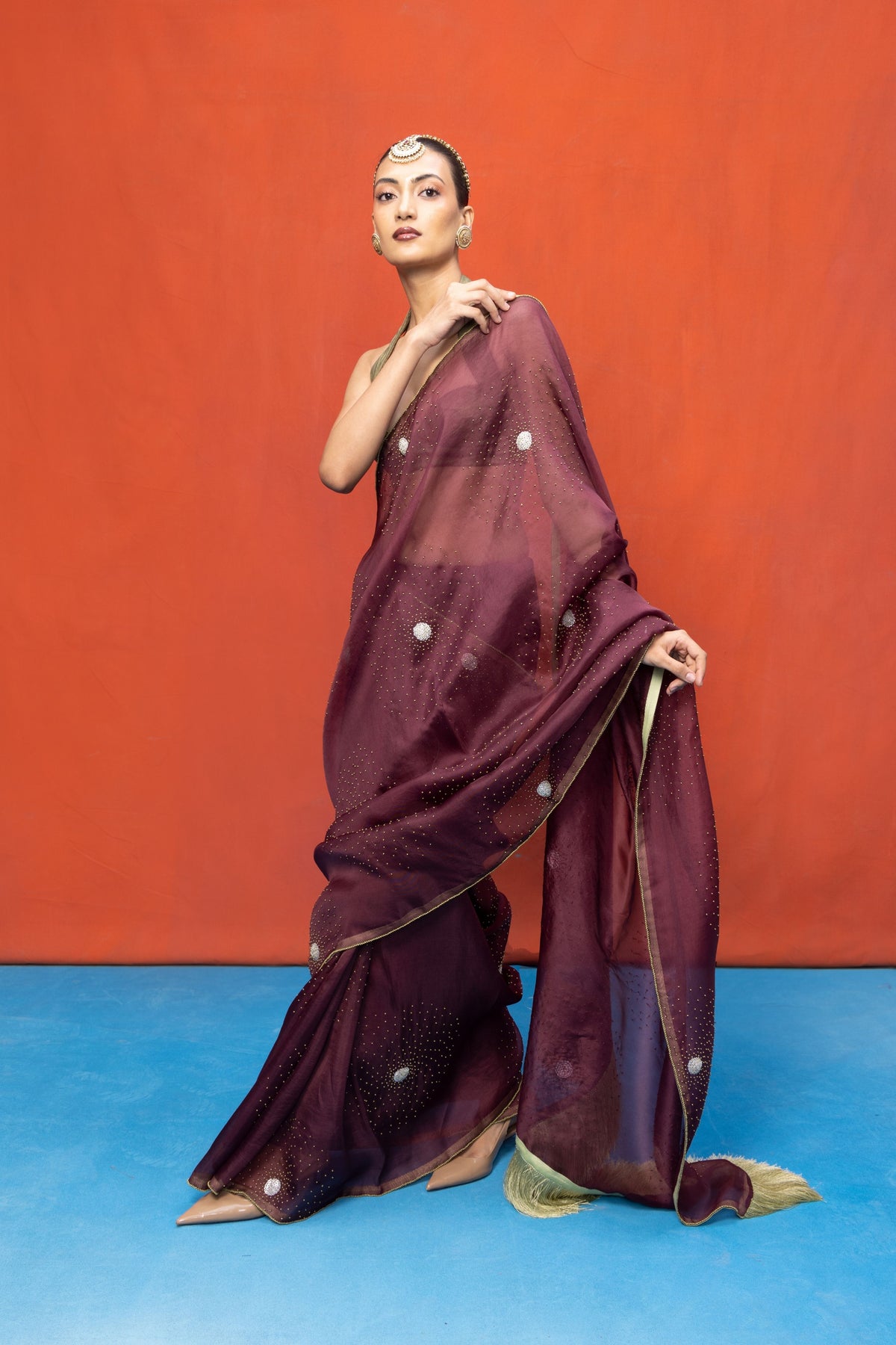 Handwoven Wine Kora Banarasi Saree