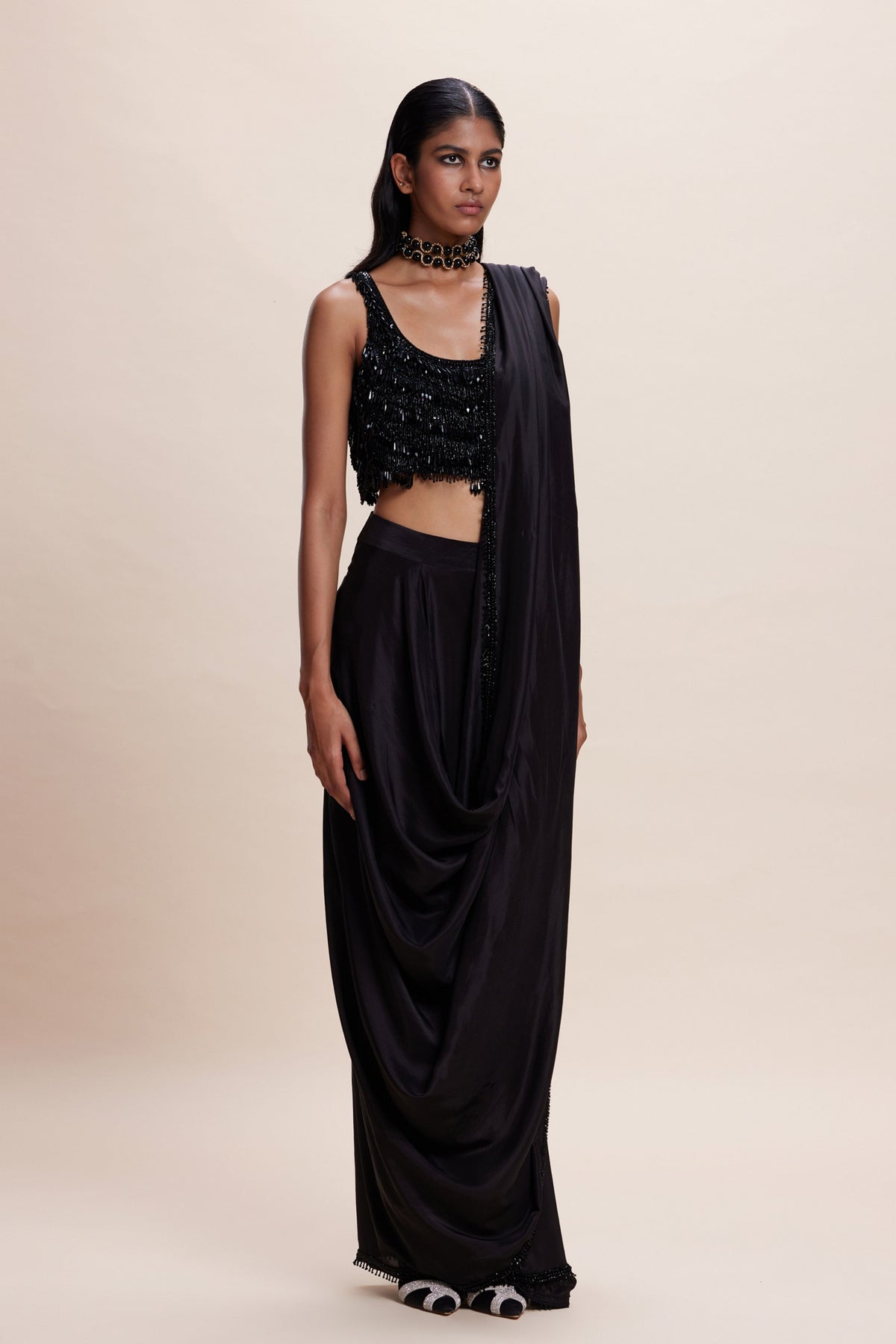 Black Embellished Draped Saree Set
