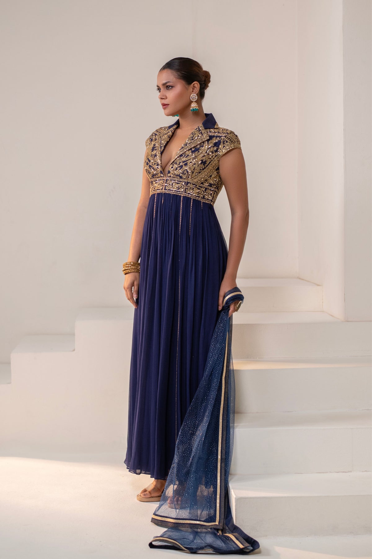 Navy Blue Lapel-Collared Anarkali