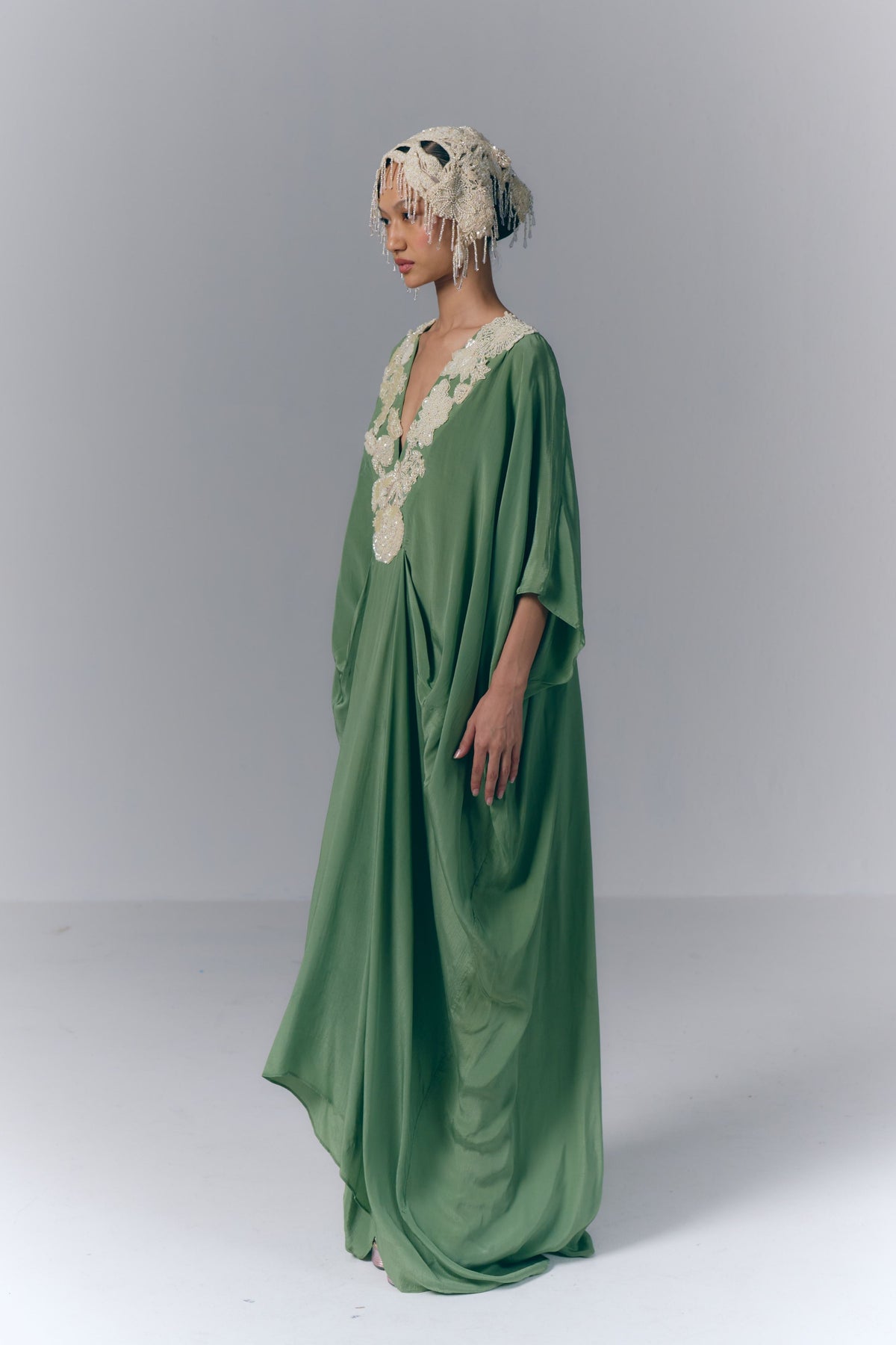 Green Embroidered Draped Kaftan