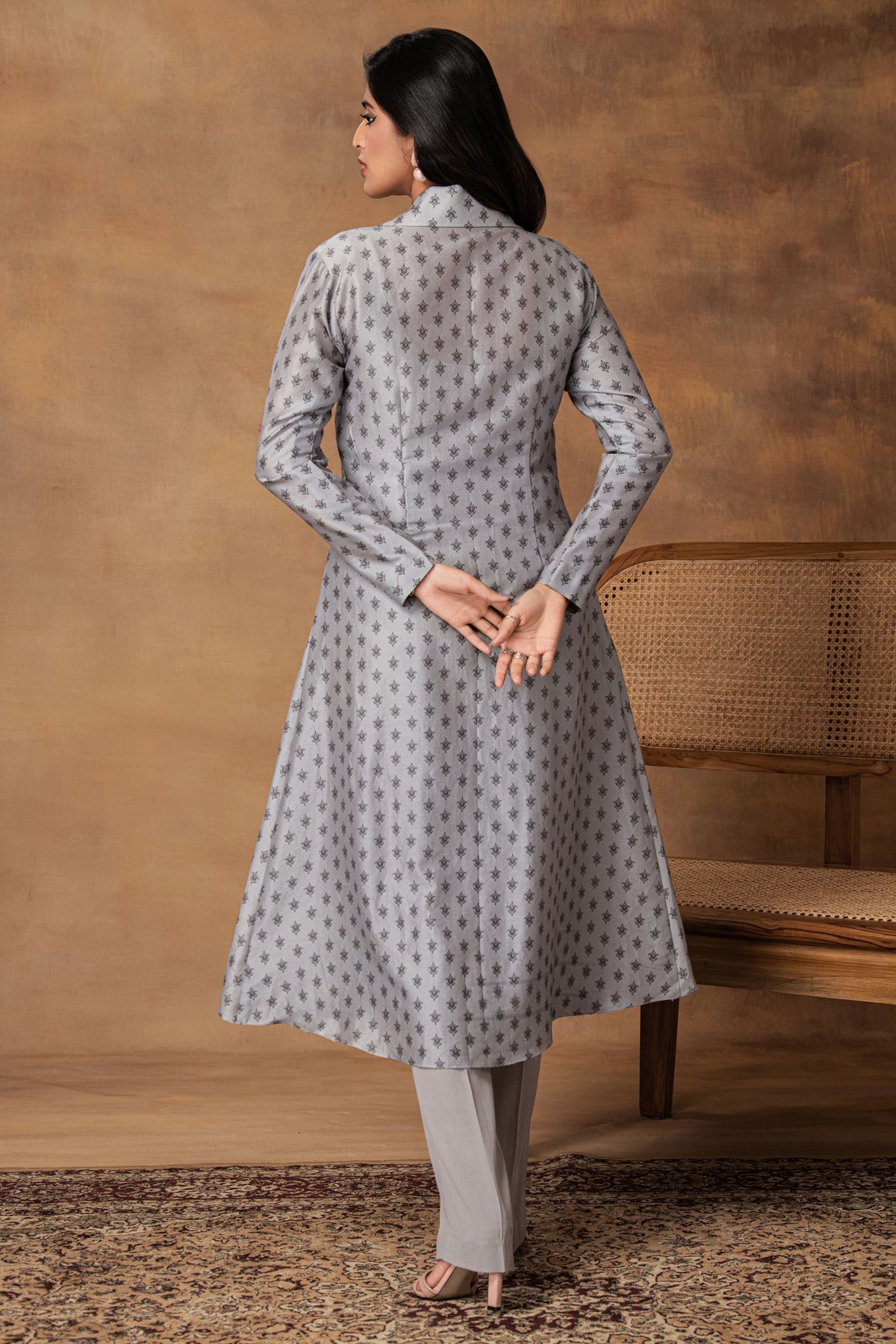 Steel Grey Printed Jacket Set