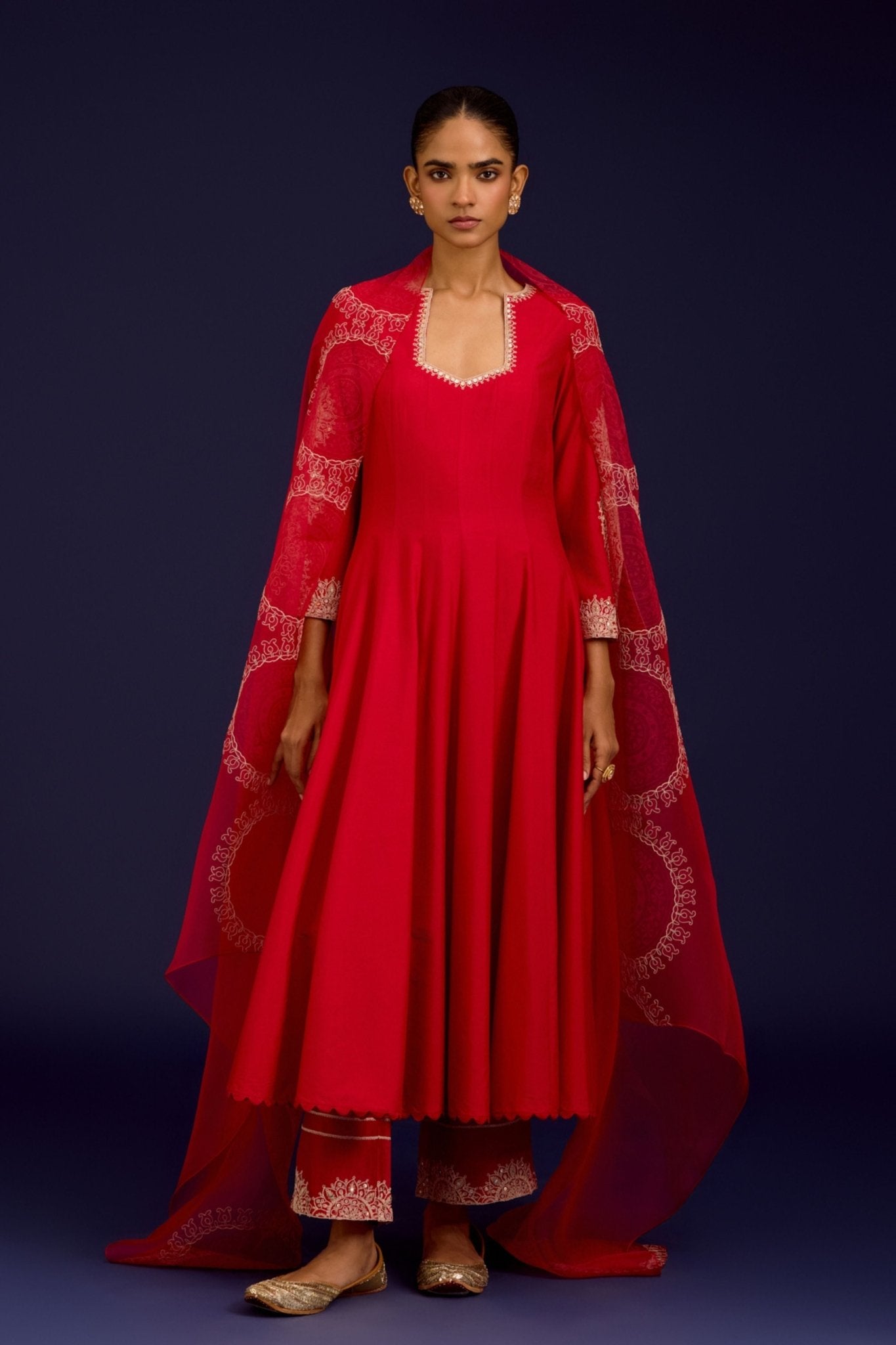 Red Cotton Silk Anarkali Set - Devnaagri - Elahe