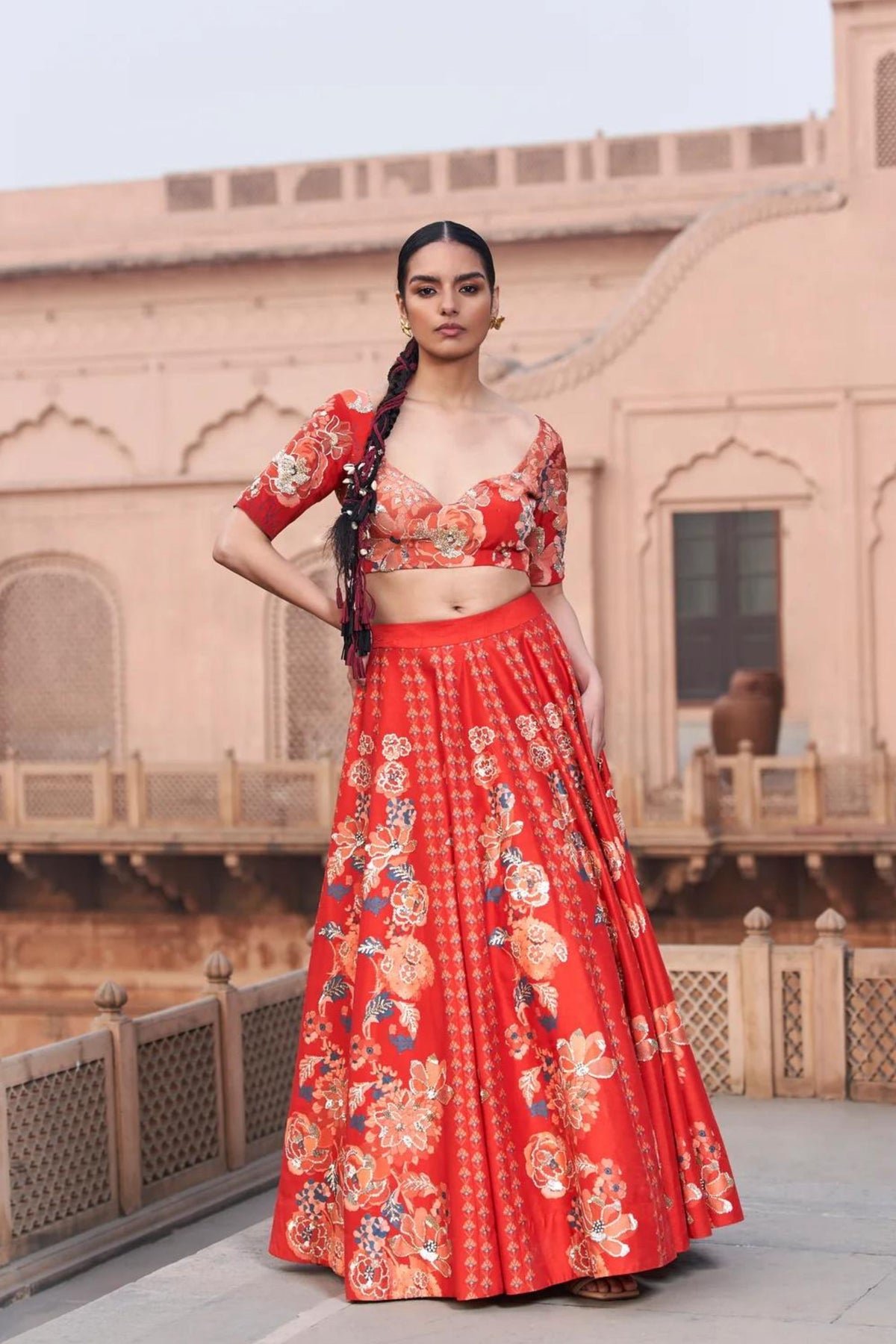 Red Moroccan Kali Wala Lehenga Set