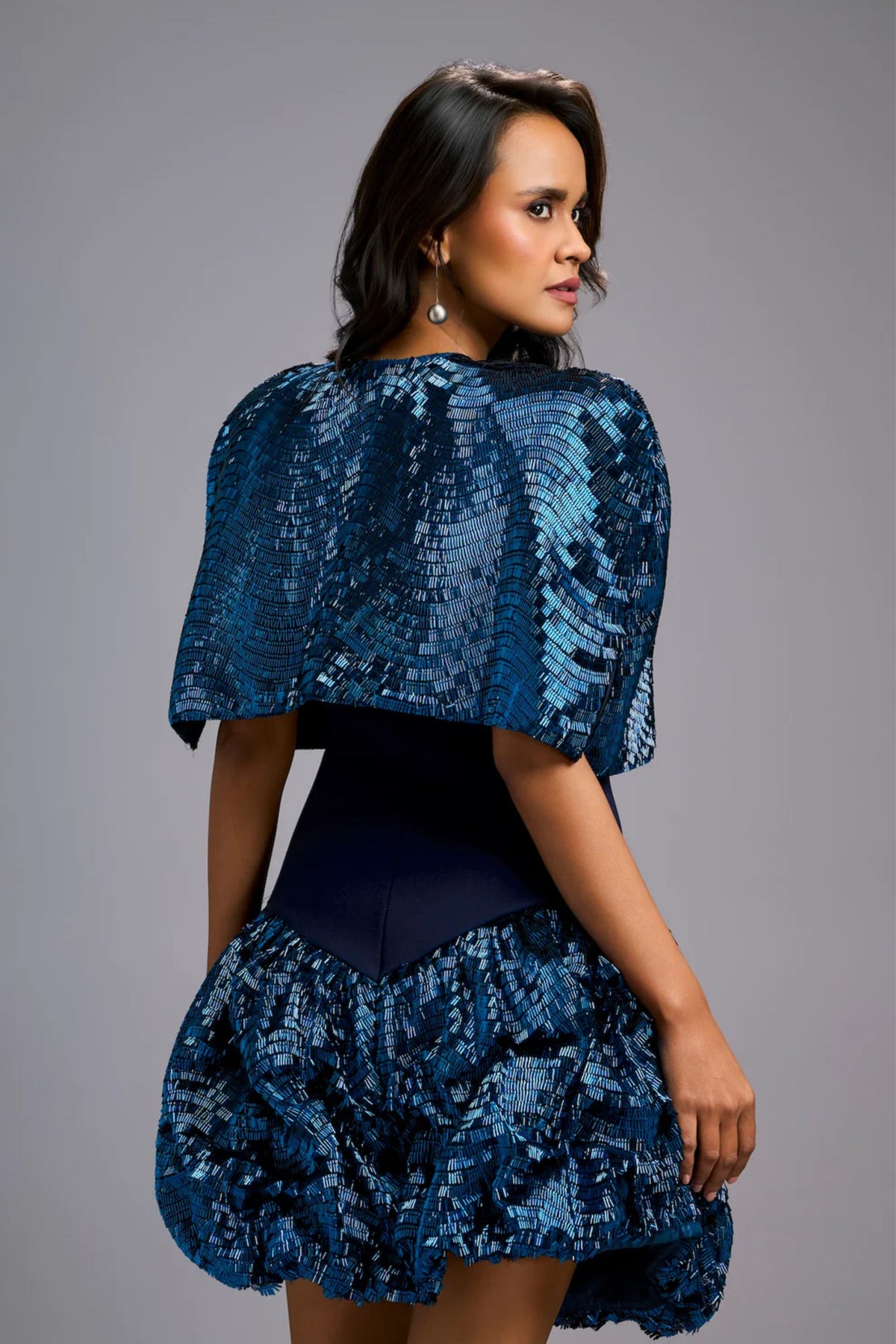 Shimmer Embroidered Navy Cape Dress