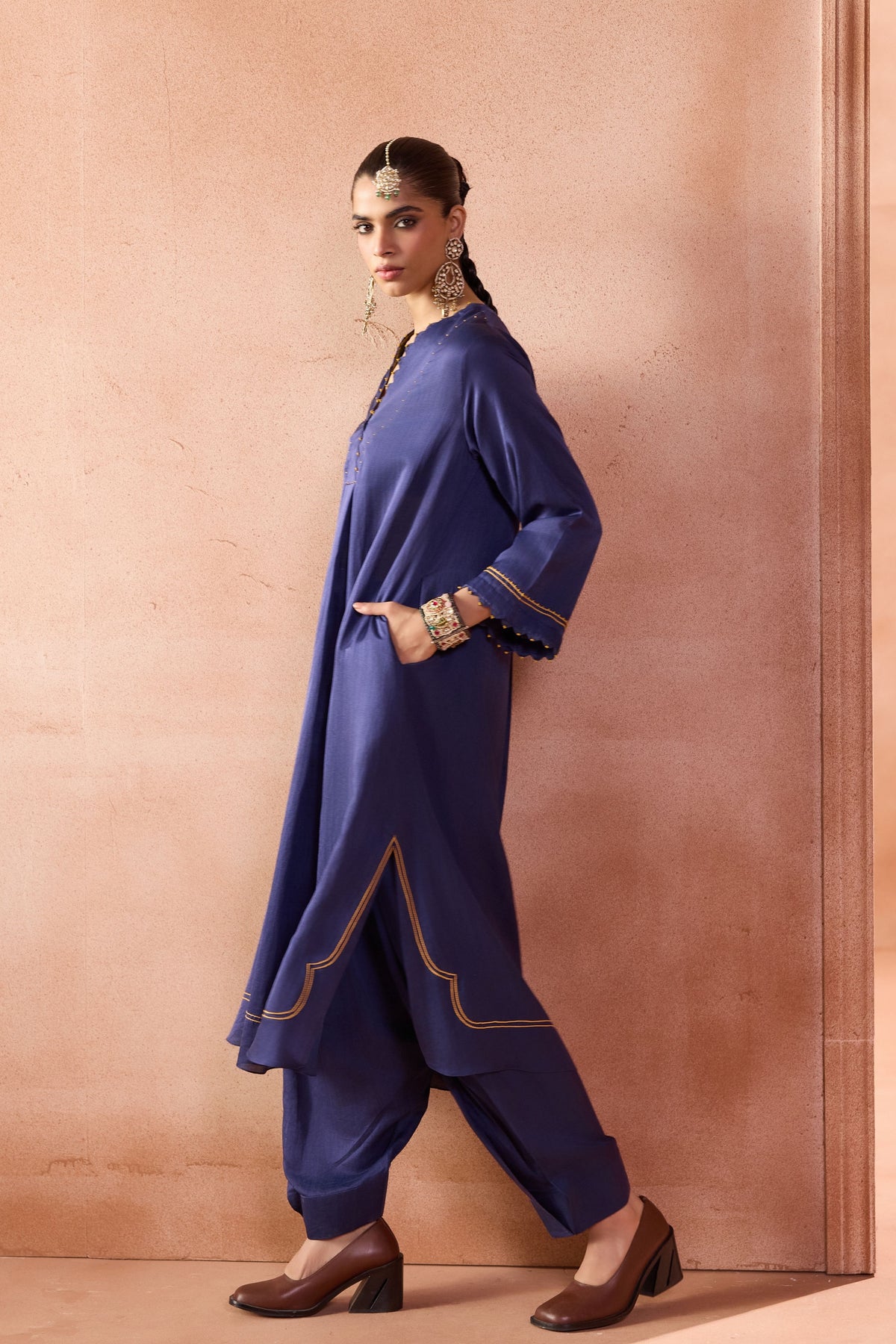Navy Box Pleated Pants Kurta Set