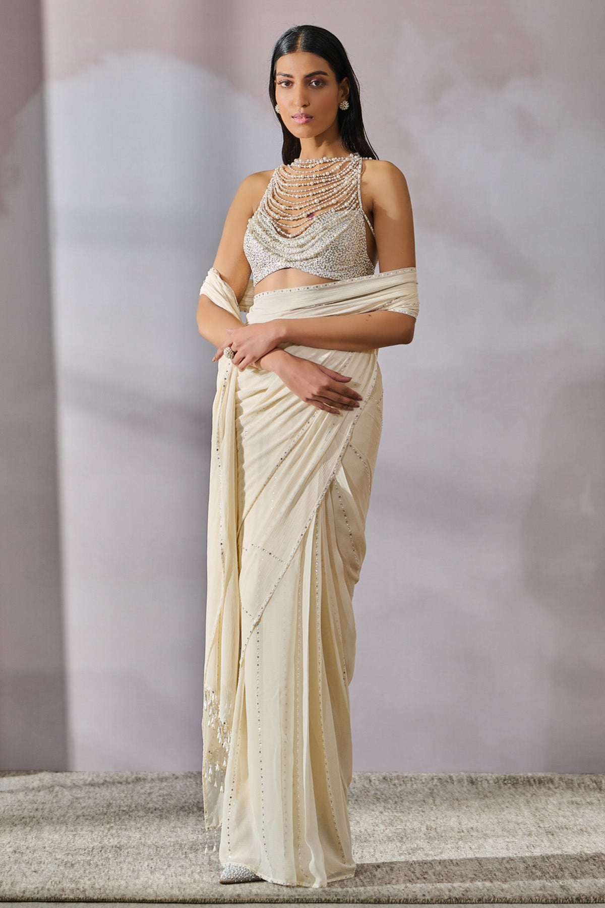 Crystal Encrusted Draped Saree With Blouse