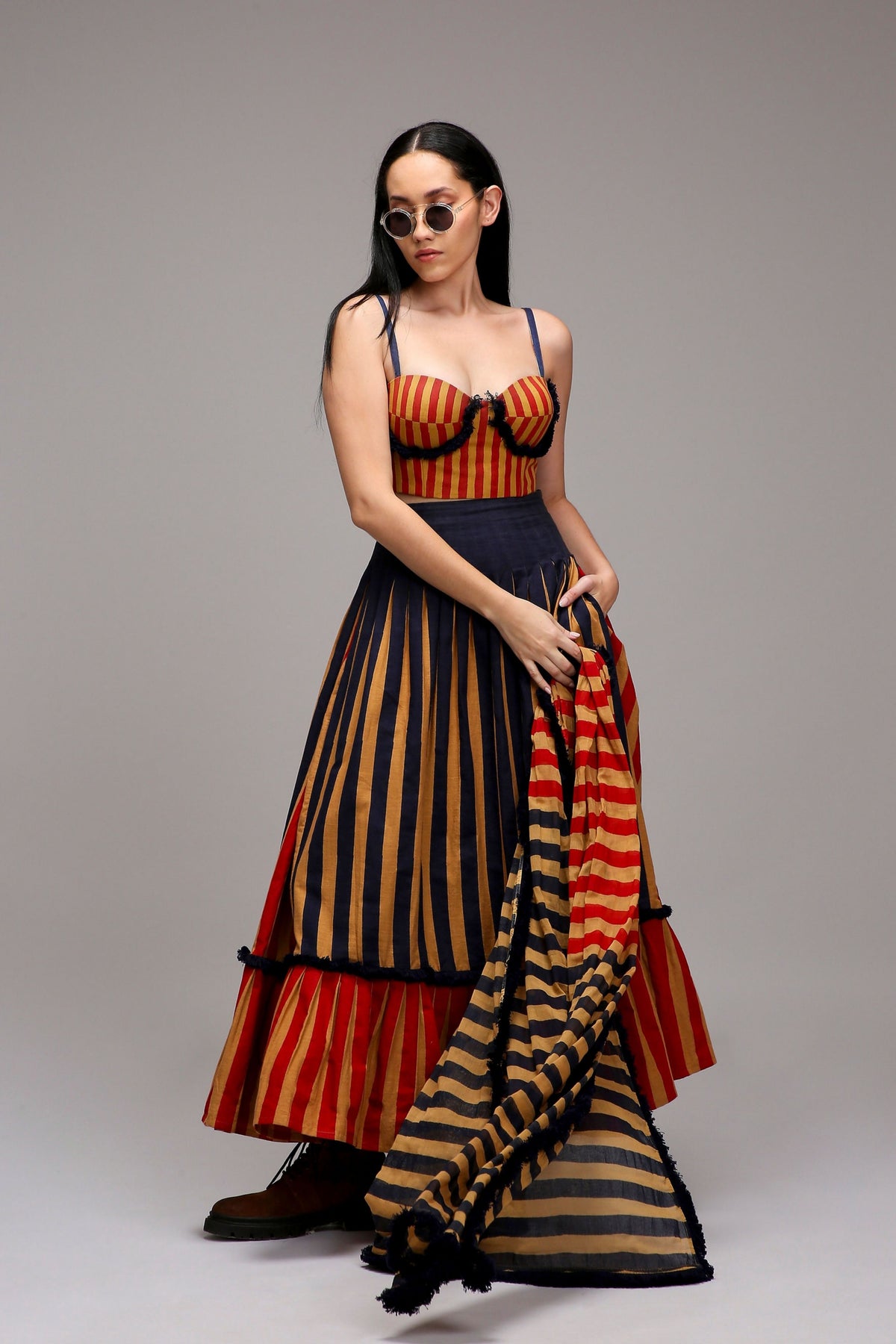 Tan-brown Corset Dual Striped Stole Skirt Set