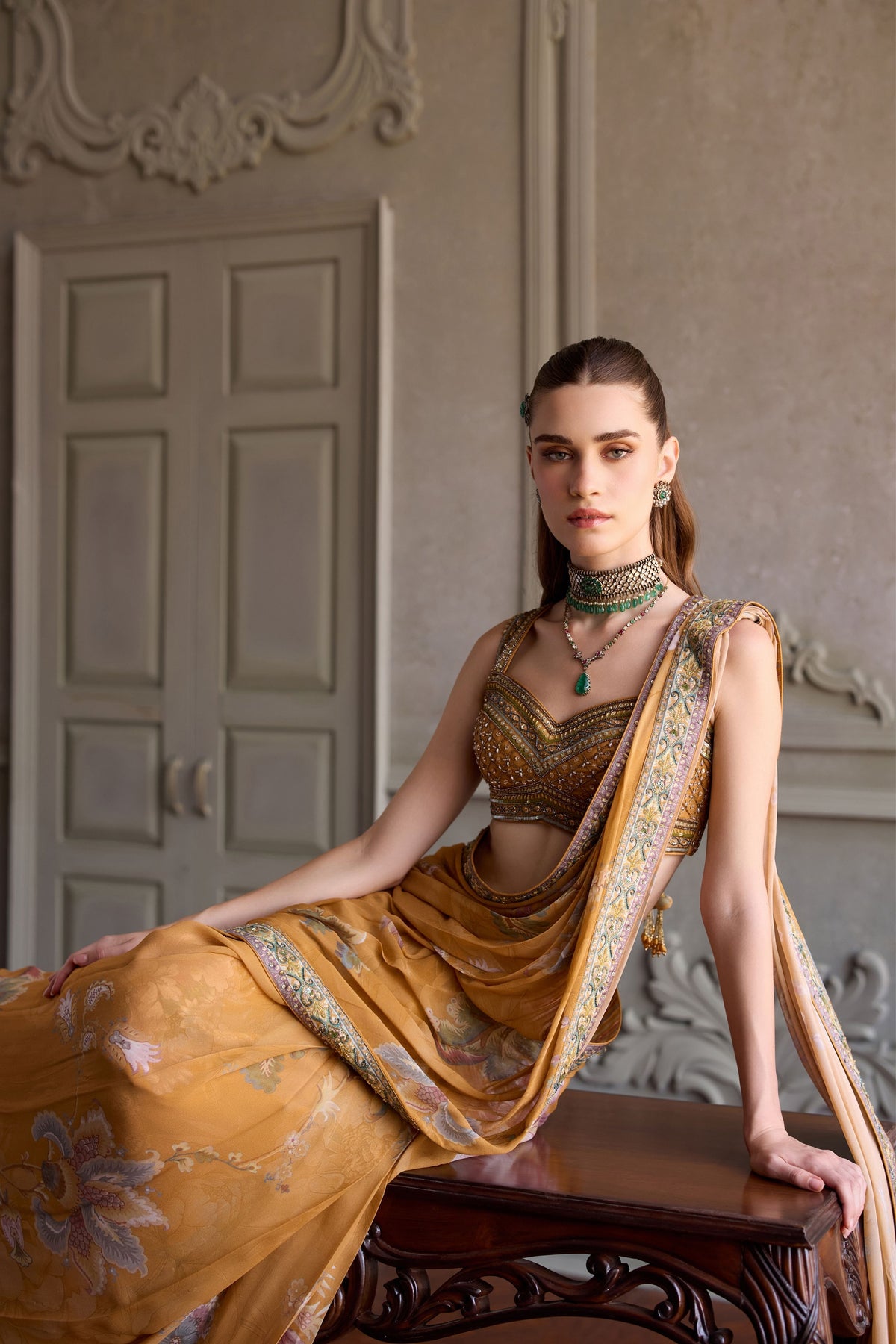 Yasmin Yellow Pre-Draped Saree Set