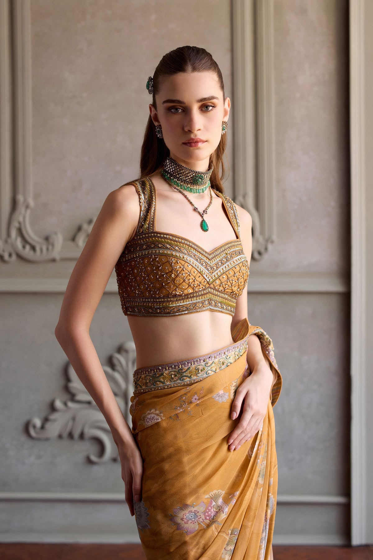 Yasmin Yellow Pre-Draped Saree Set