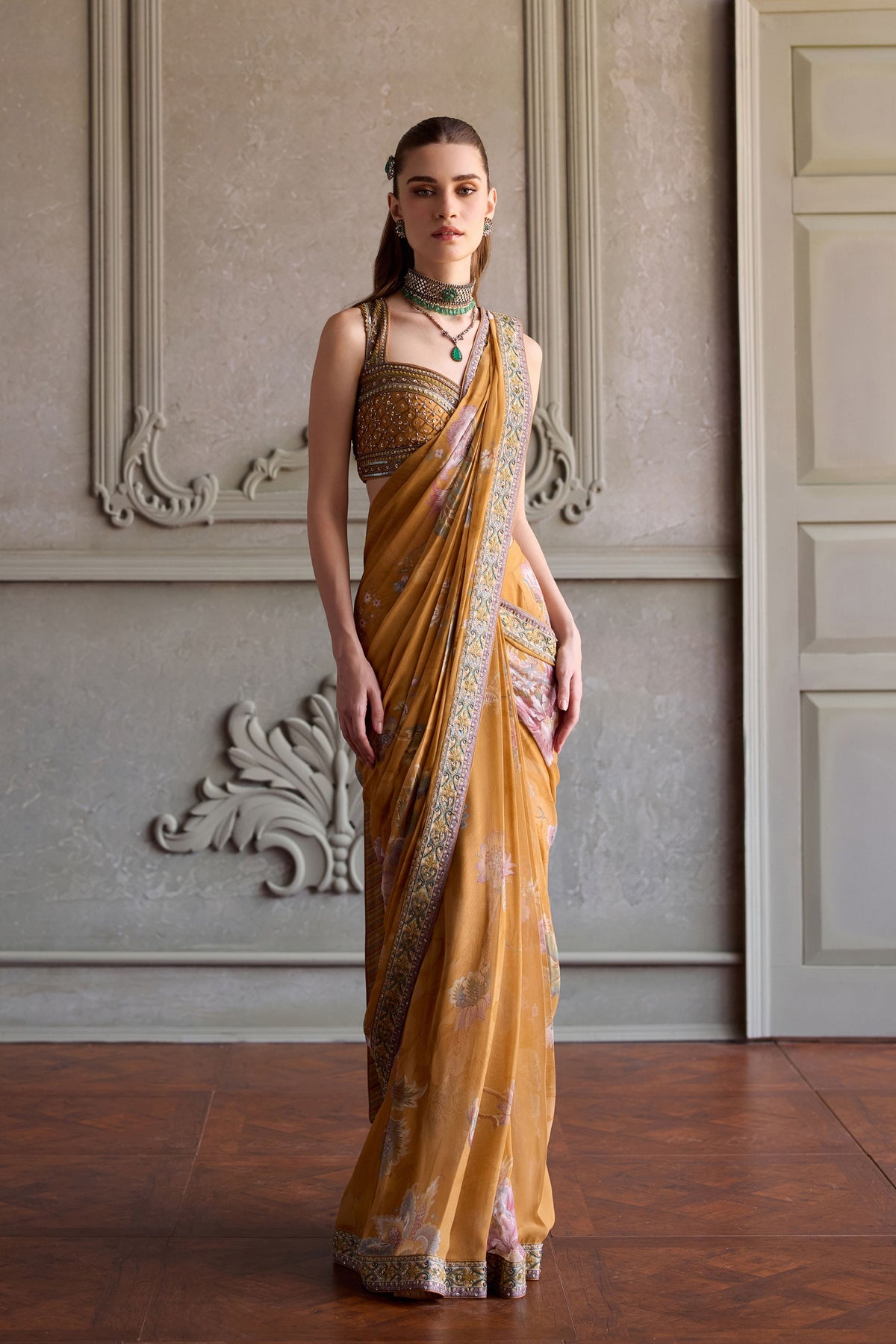 Yasmin Yellow Pre-Draped Saree Set