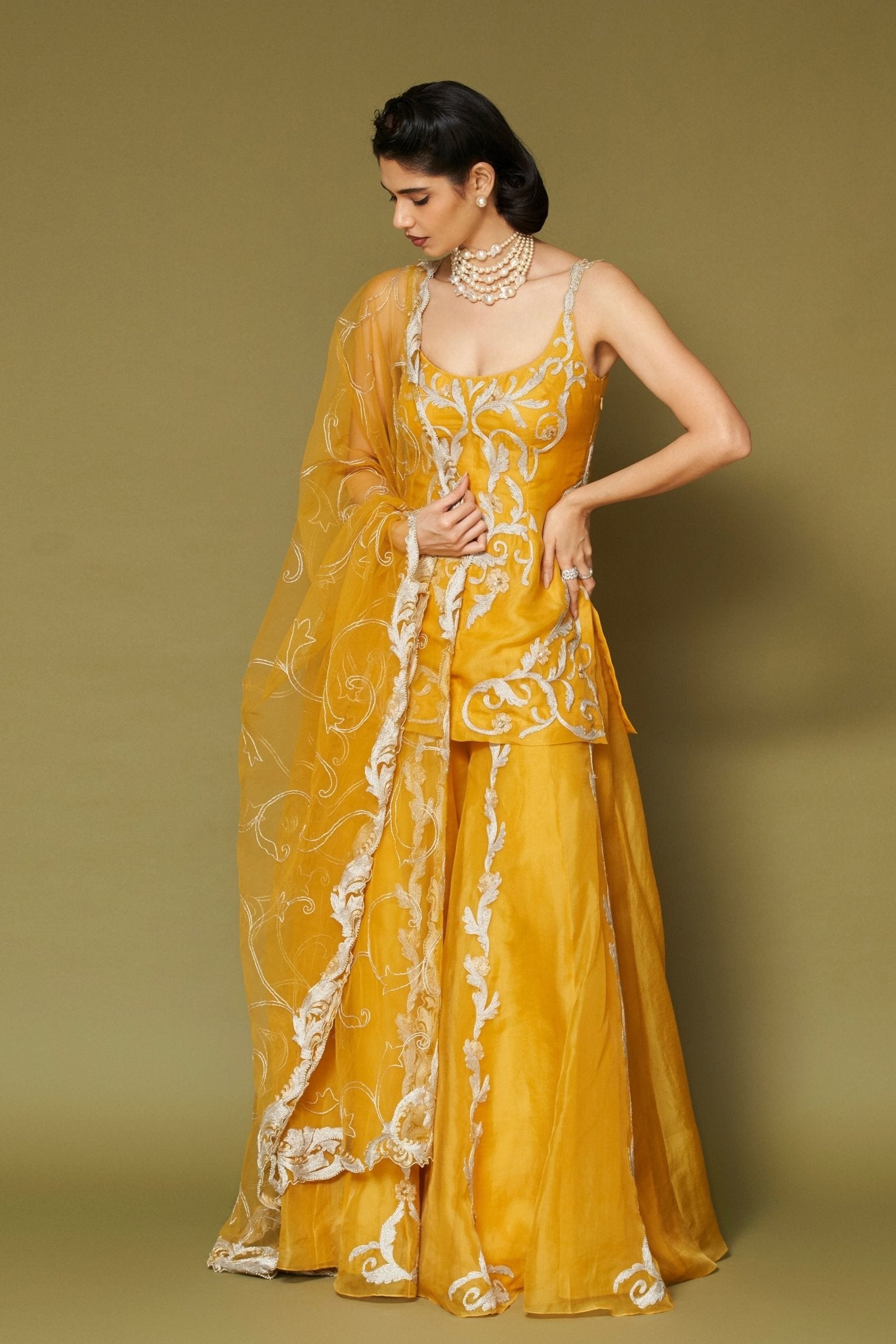 Bright Yellow Organza Sharara Set - Devnaagri - Elahe