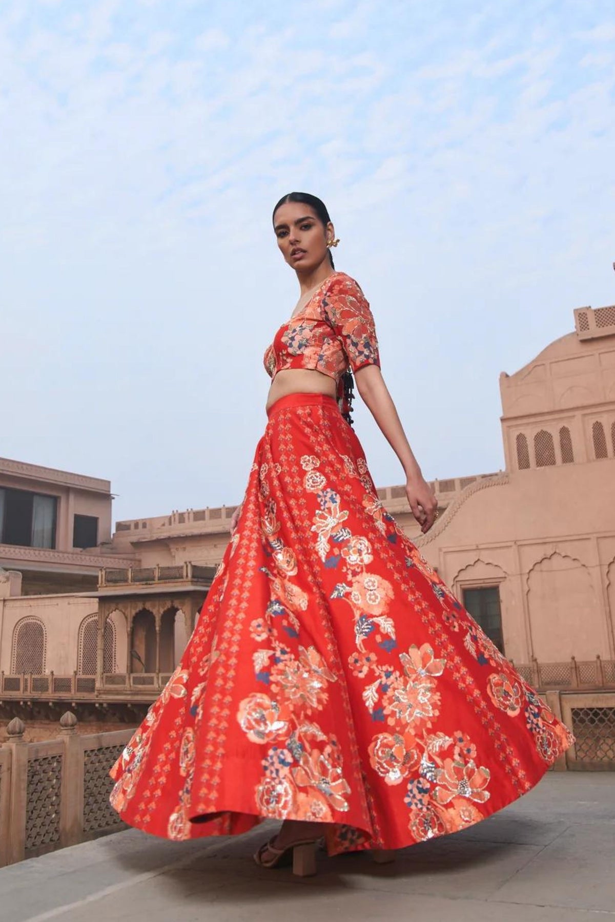 Red Moroccan Kali Wala Lehenga Set