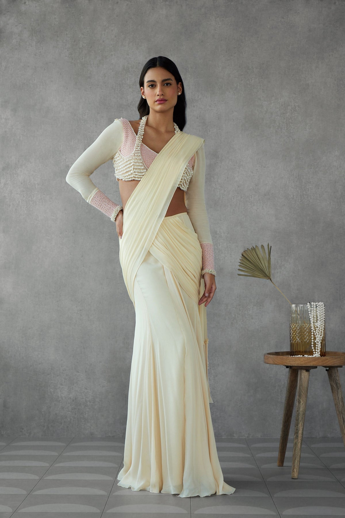 Cream Drape Saree Set