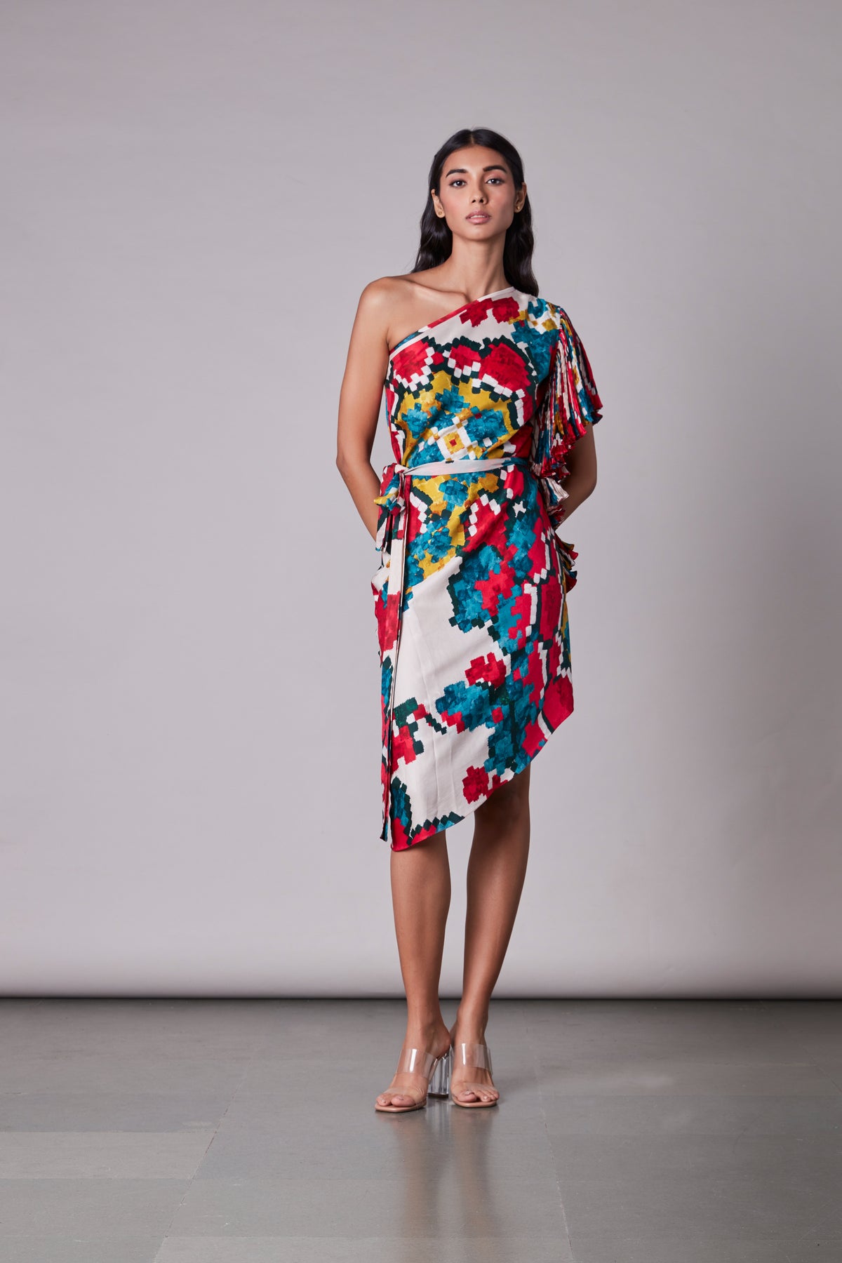 Ikat print one shoulderd dress