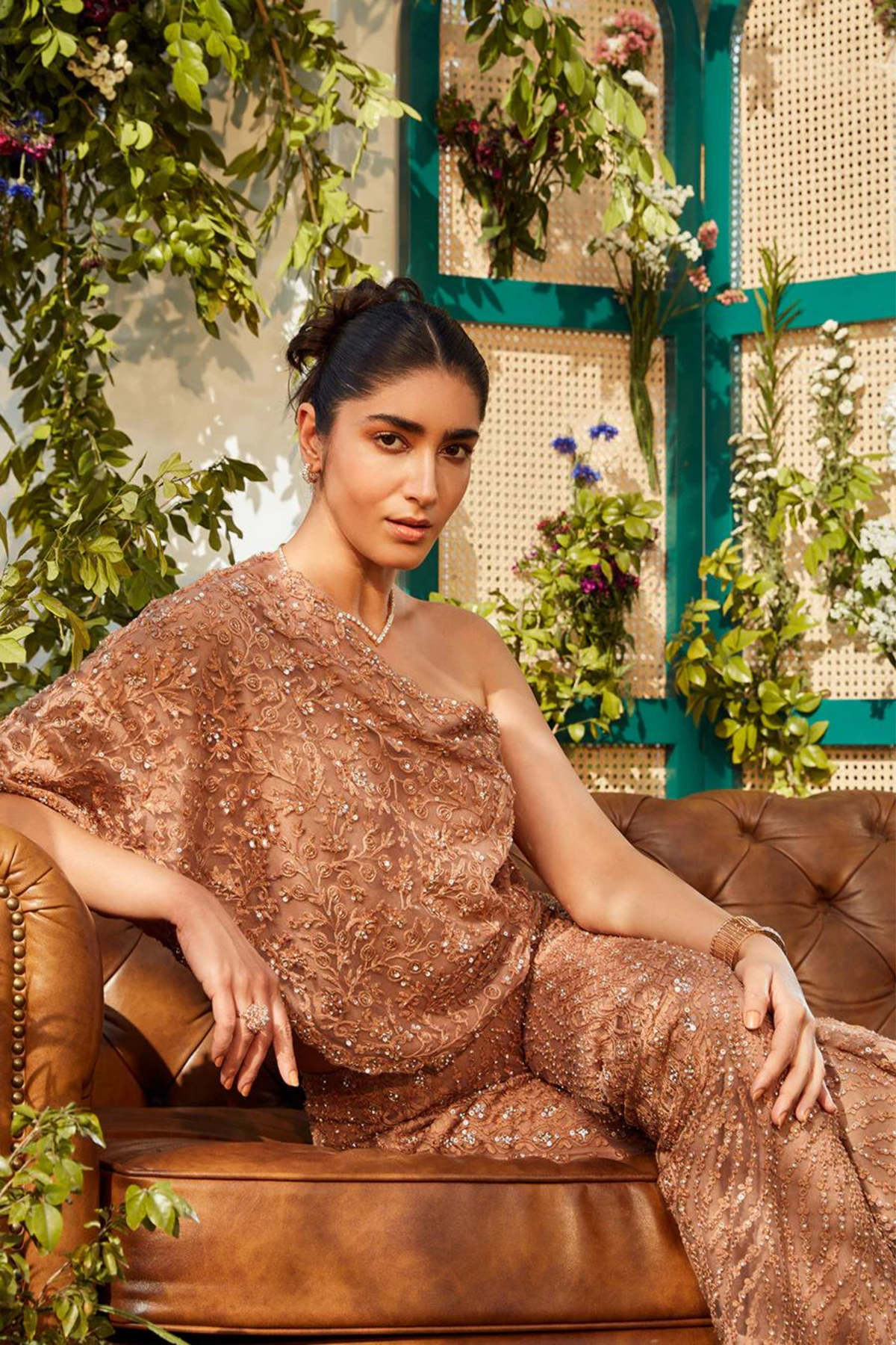 Brown off shoulder cape set