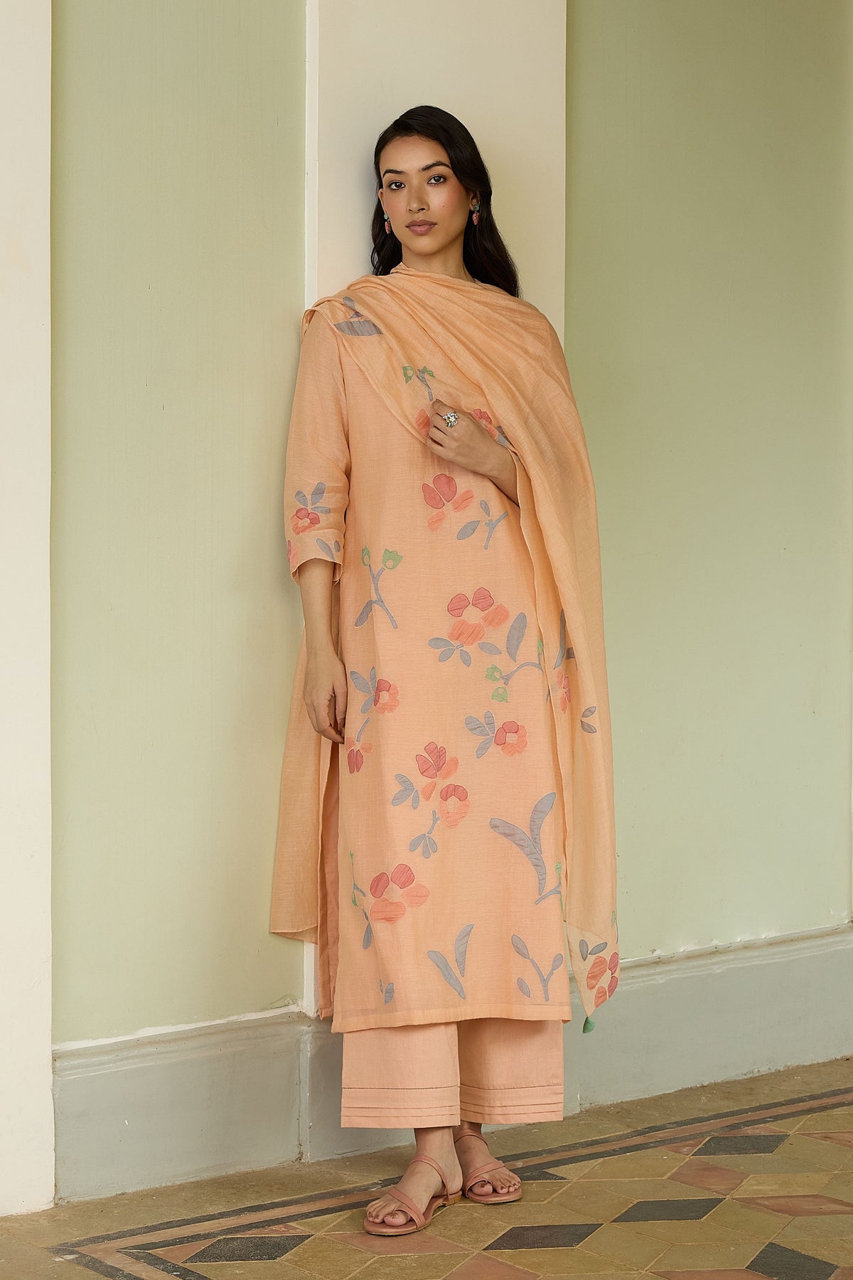Peach Applique Floral Kurta Set
