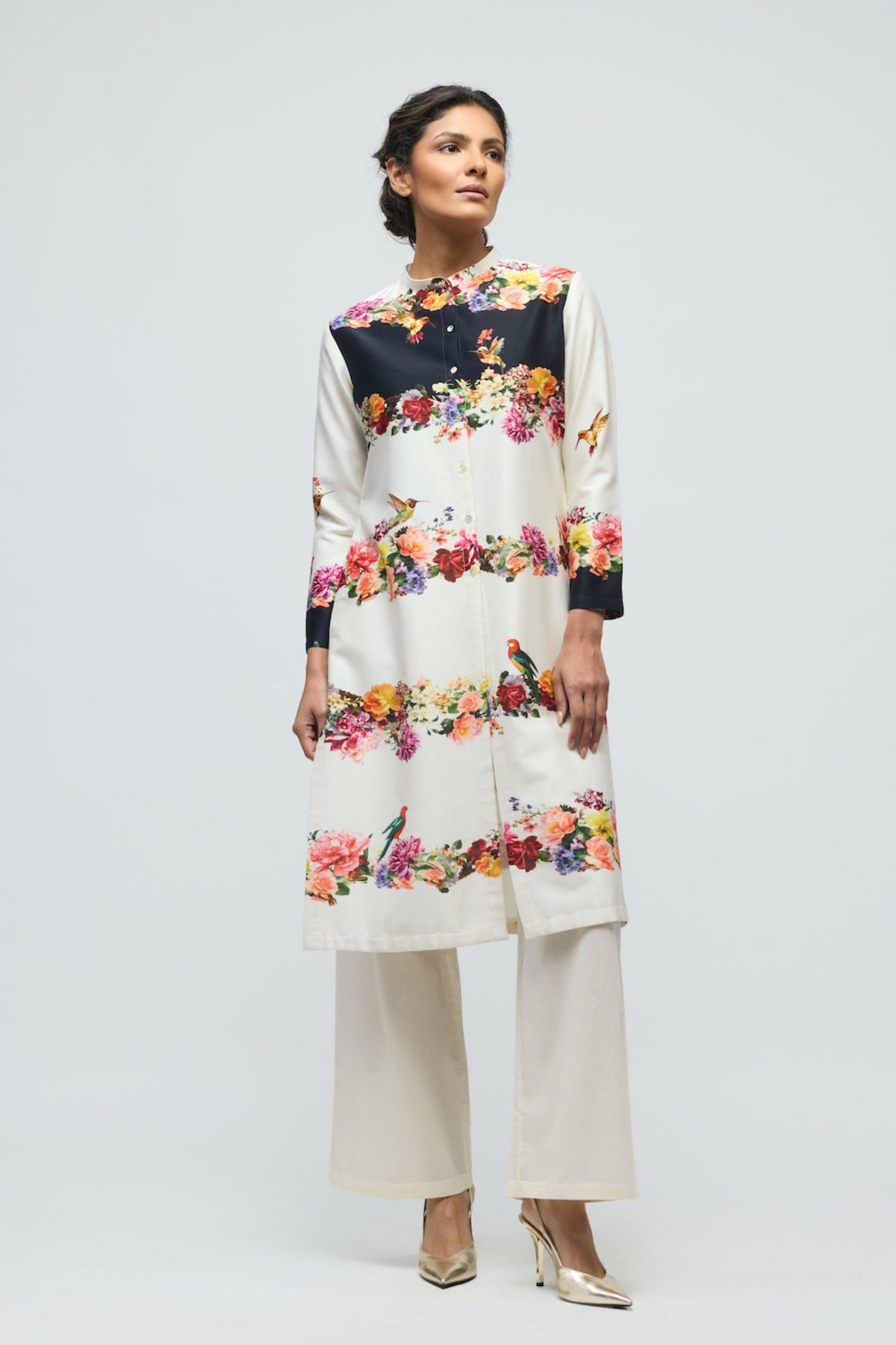 Floral Ivory Chanderi Tunic Set