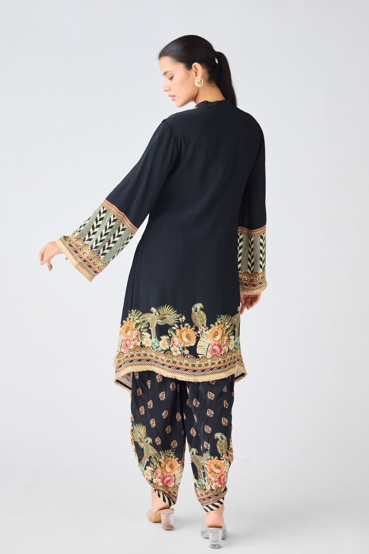 Black Crepe Floral Tunic Set