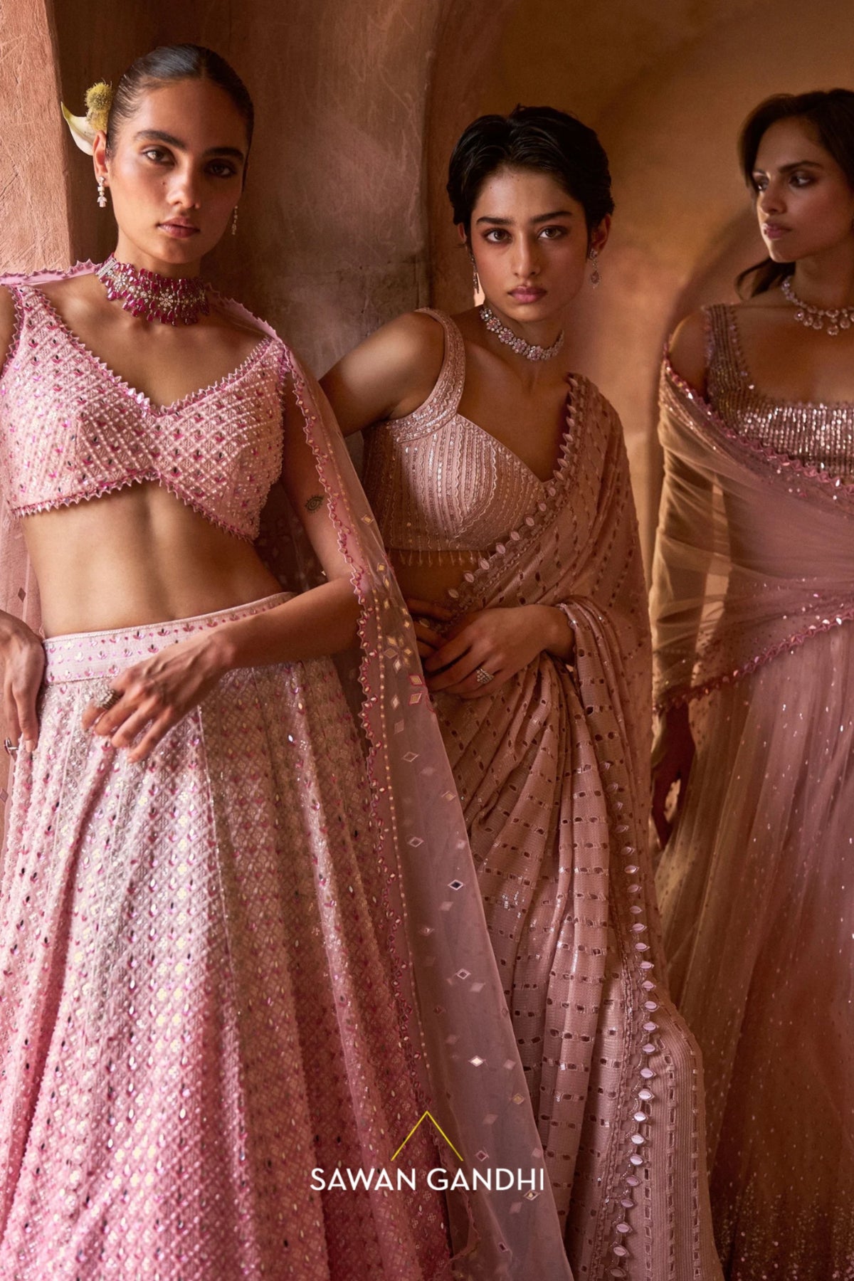 Pink Ombré Mirrorwork Lehenga Set