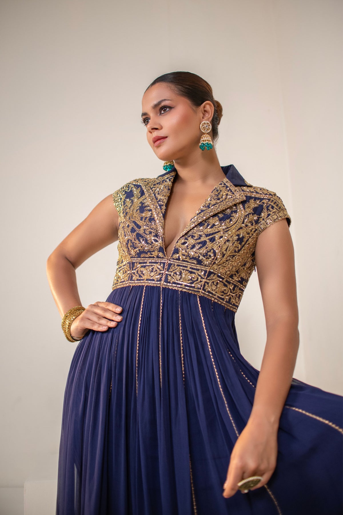 Navy Blue Lapel-Collared Anarkali