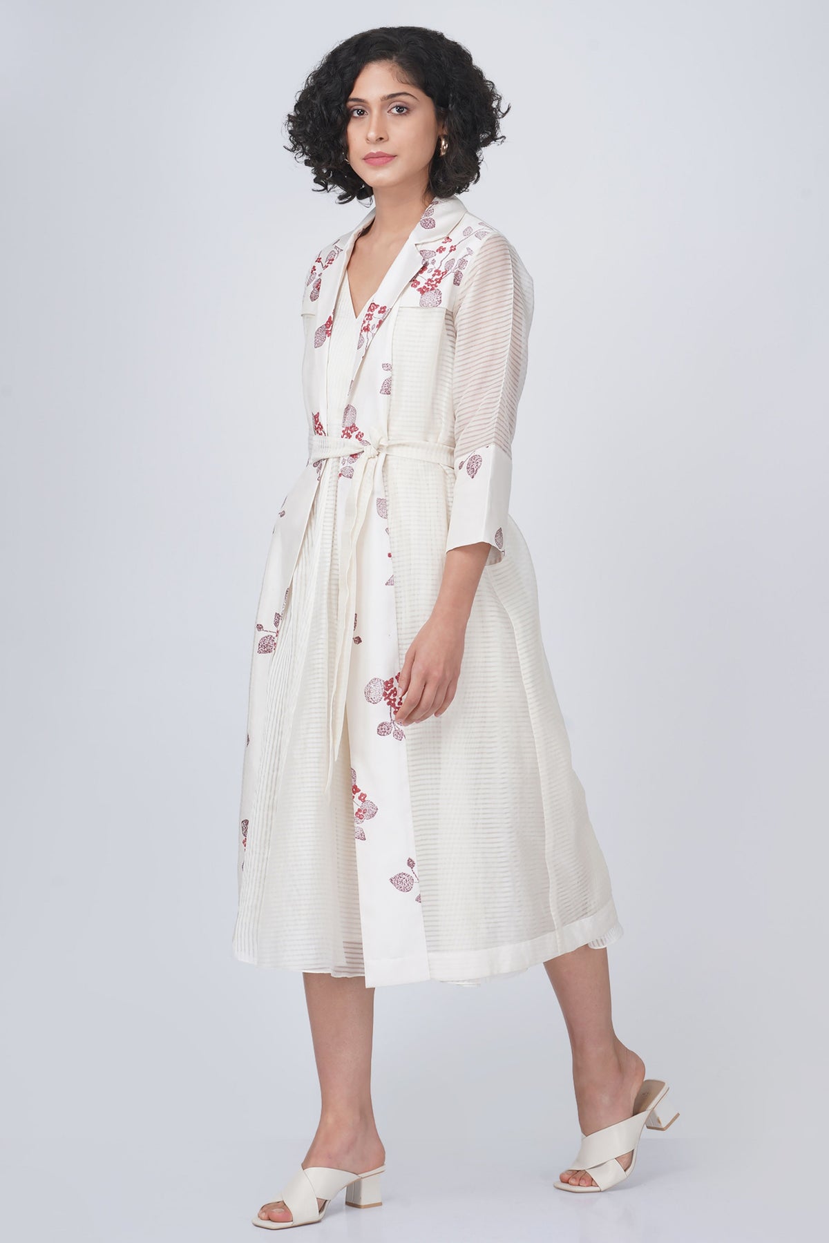 Ivory Block Print Jacket With Dress