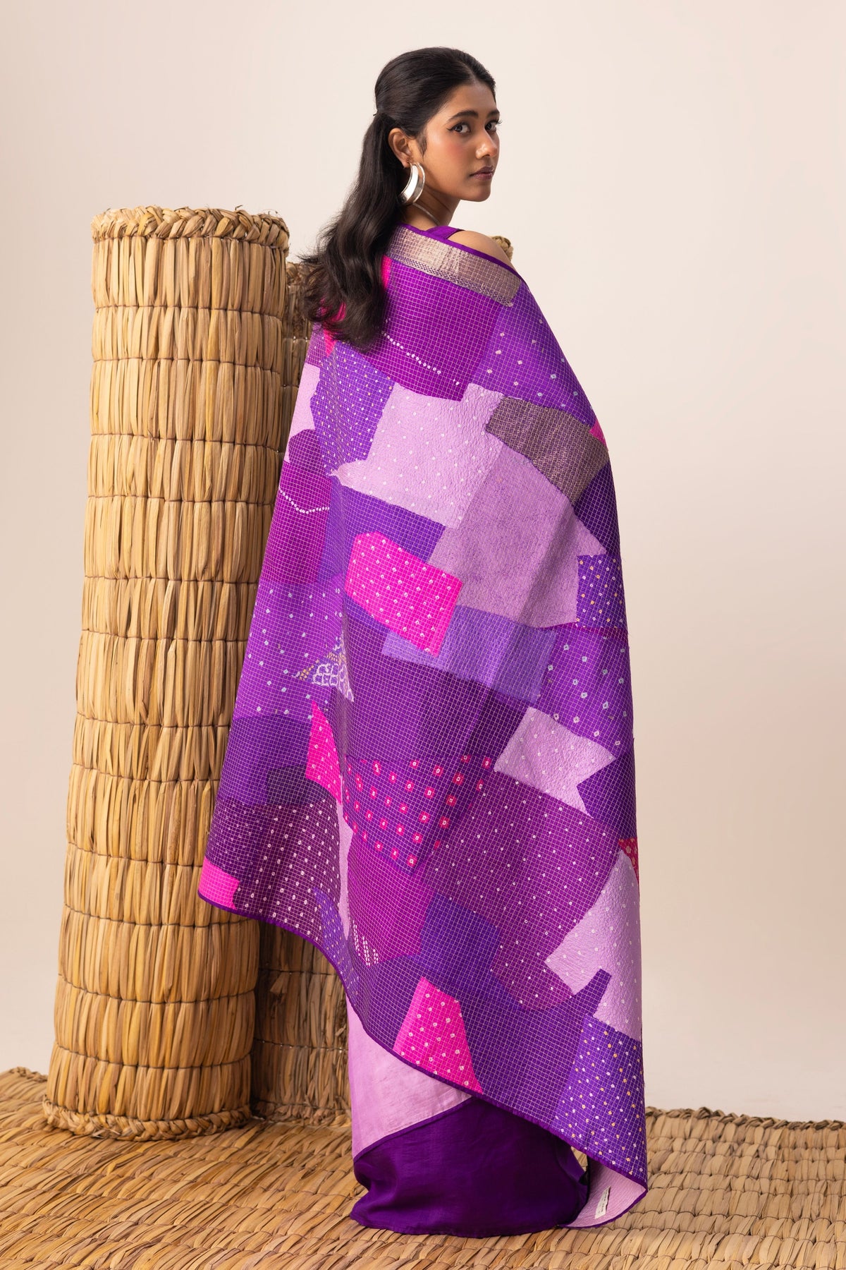 Purple Multi Bandhani Patchwork Saree set