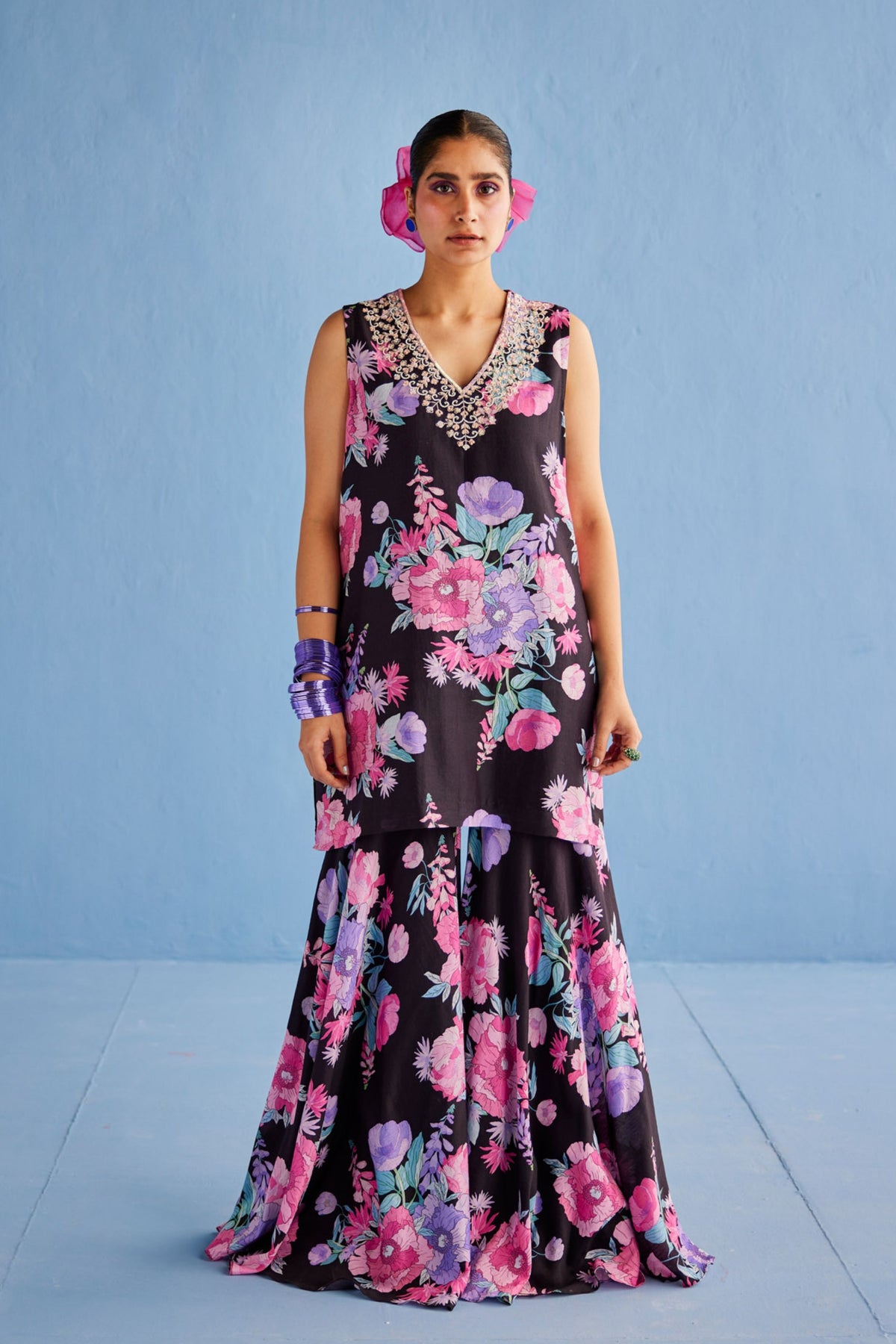 Black Sleeveless Sharara Set
