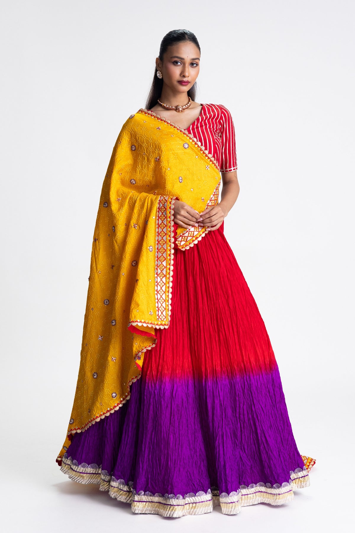 Red Purple Crushed Lehenga