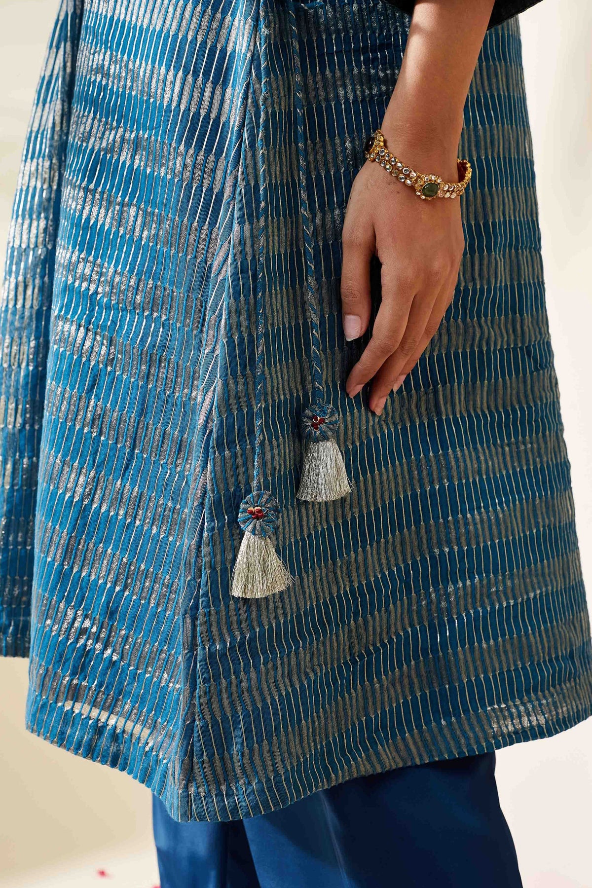 Blue Zari Stripe Kurta Set