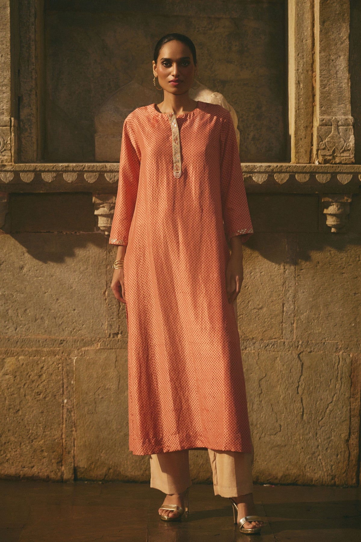 Pink Printed Silk Kurta