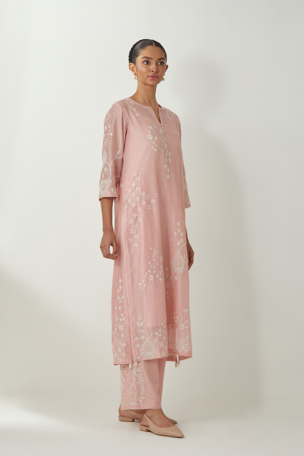Pink Thread Embroidered Kurta Set