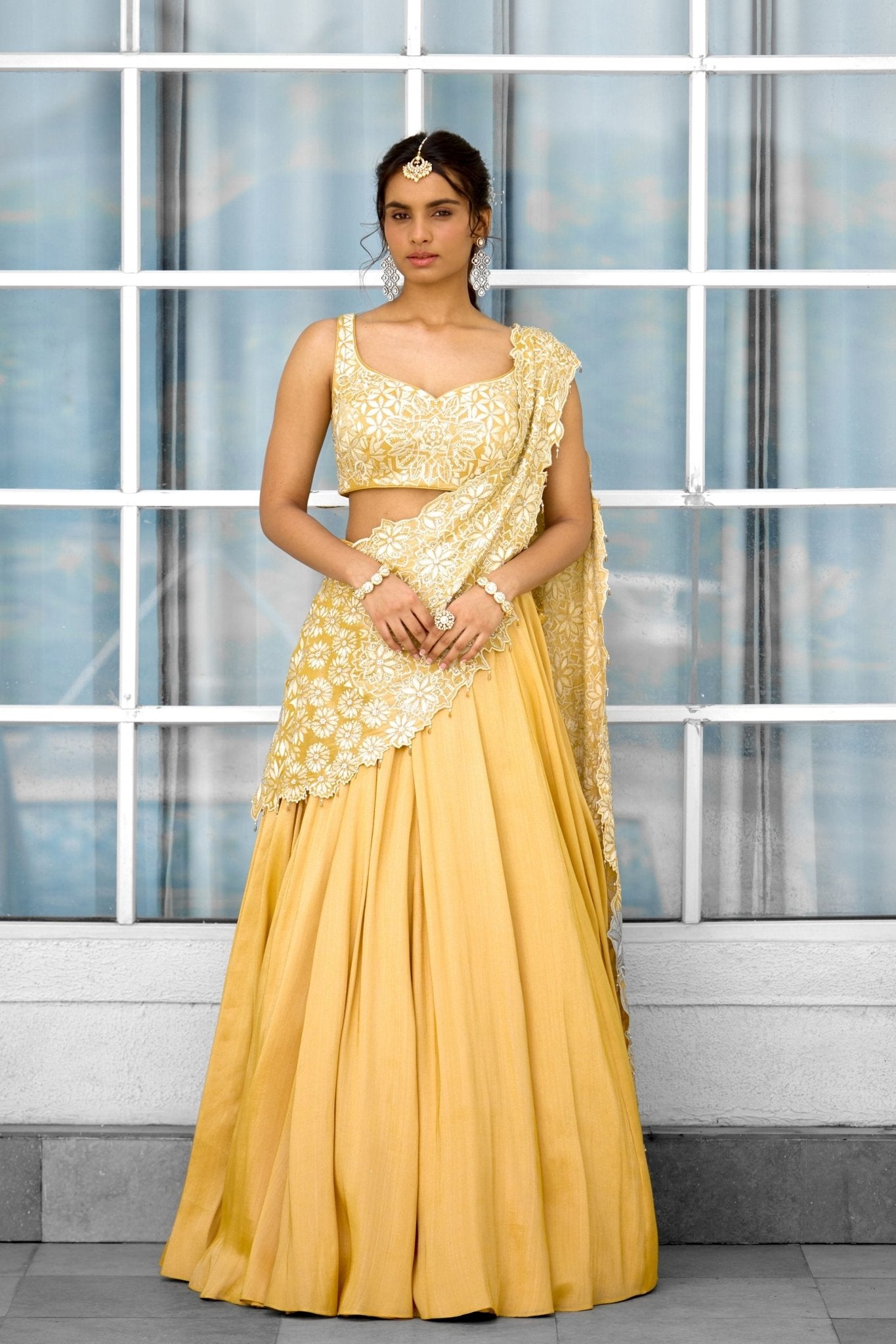 Marigold Muse Draped Lehenga Set - Shasha Gaba - Elahe
