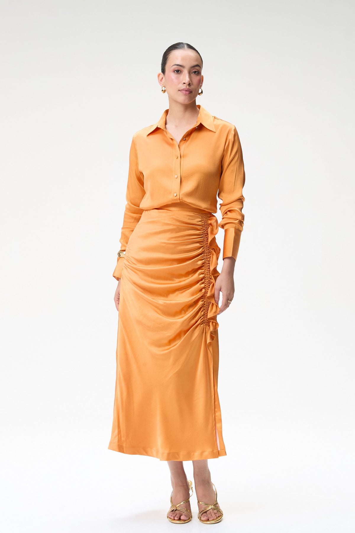 Coral Side Ruched Silk Skirt