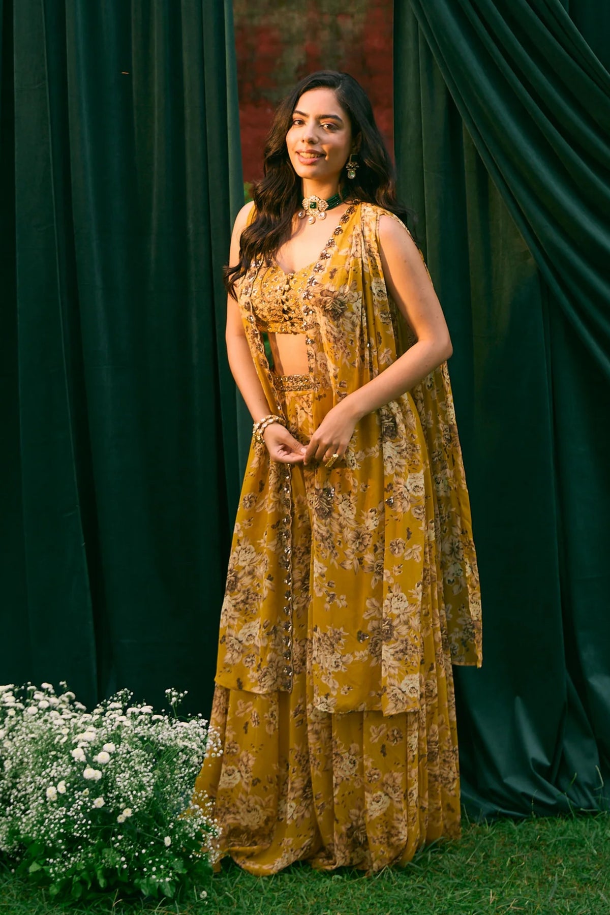 Mustard Floral Cape Set
