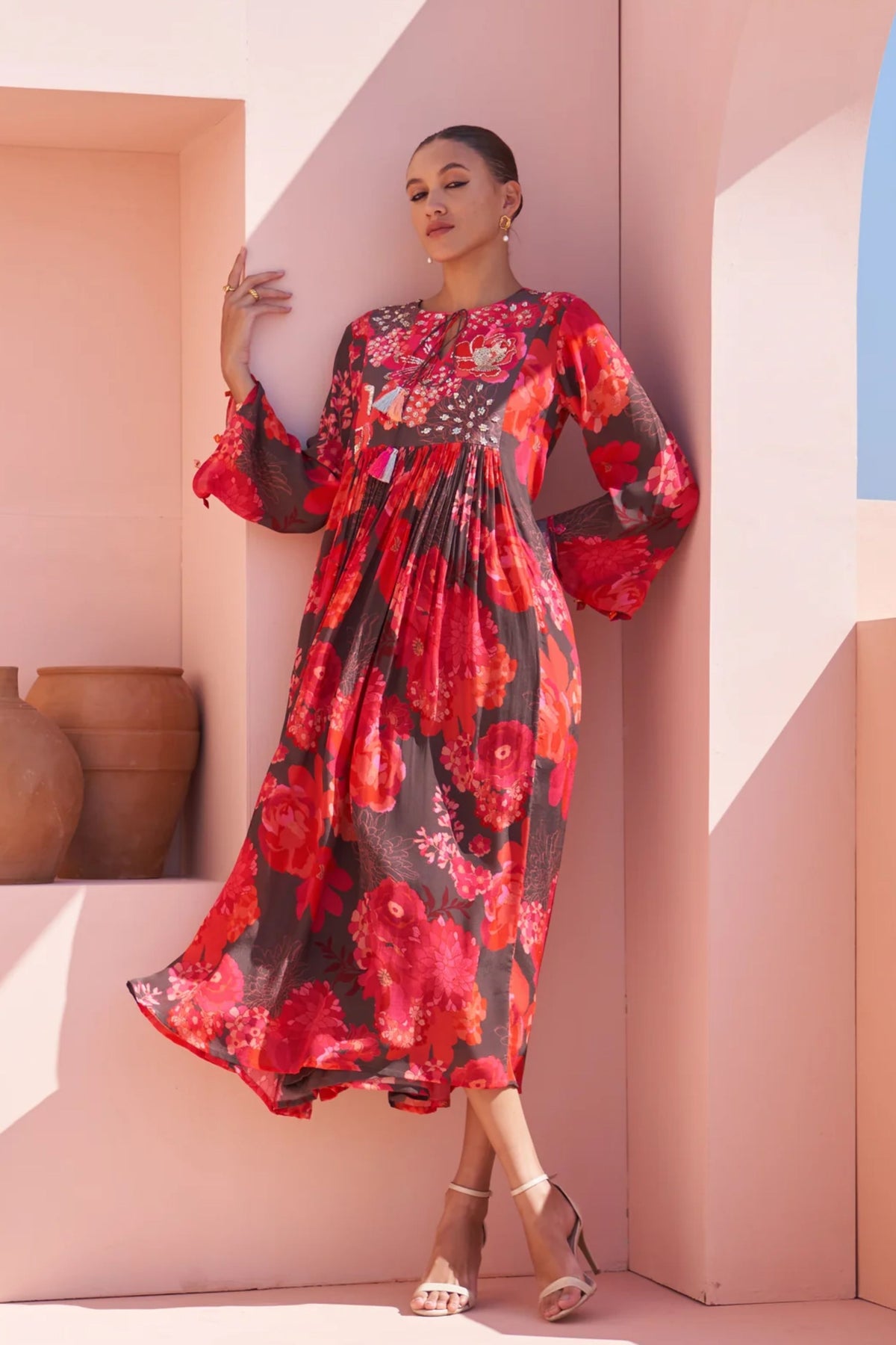 Brown Moroccan chain Stitch Maxi Dress